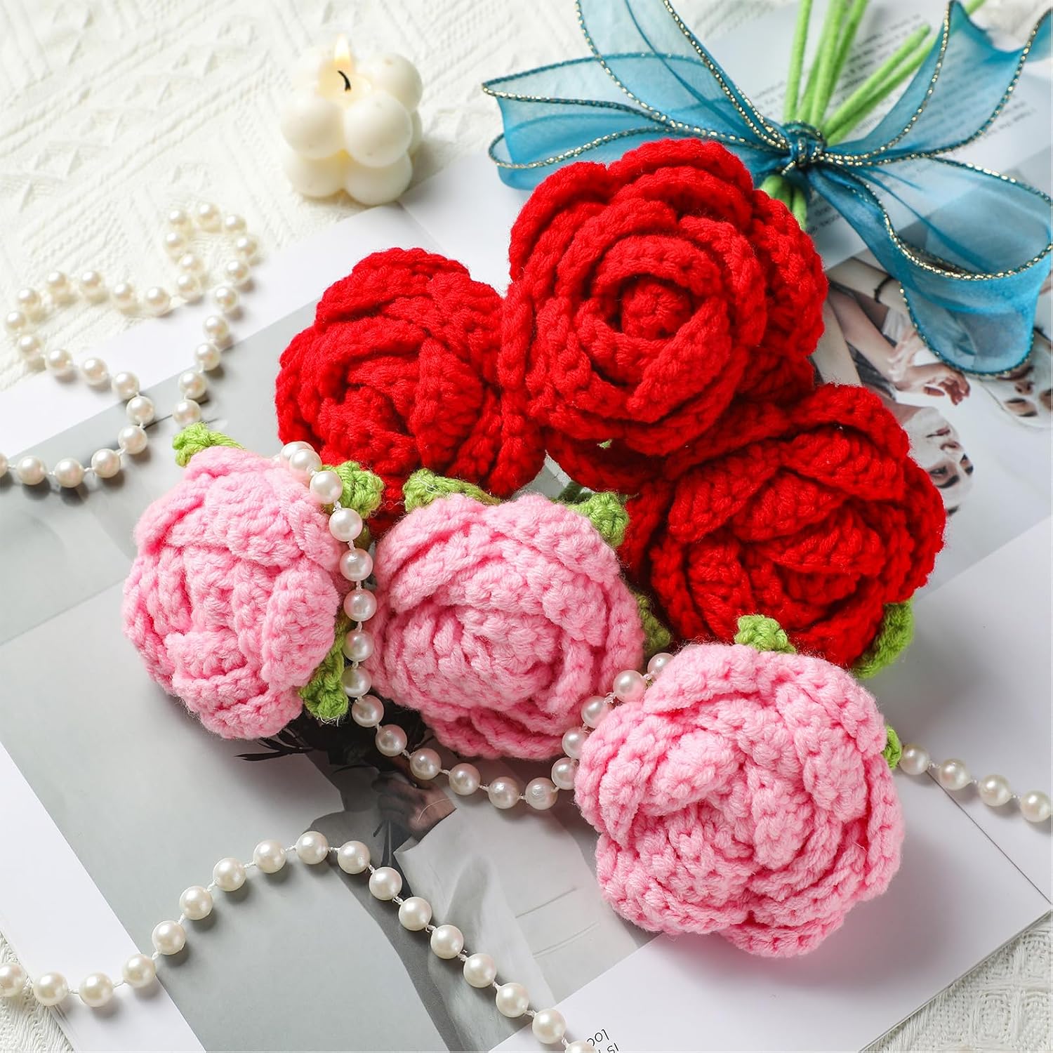 6 Pcs Valentine'S Day Crochet Flowers Handmade Artificial Knitted Rose Bouquet Crochet Rose Appreciation Anniversary Birthday Gift For Women Mother Wife Valentines Home Decor (Red,Pink)
