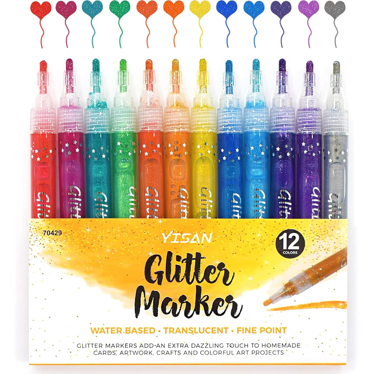 Glitter Markers, Metallic Sparkling Pens, Art Drawing Pens - Water Base, 12 Colors, Washable For Christmas Card Making, Medium Tip,70429