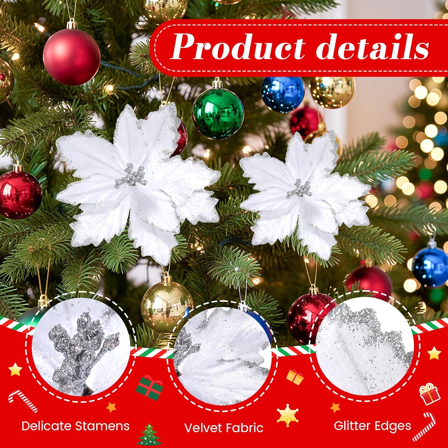 24 Pcs Christmas Glitter Poinsettia Flowers Decorations 5.91 Inch 3.94 Inch Artificial Velvet Poinsettia With Clips, Poinsettia Christmas Tree Ornaments For Xmas Party Decor(White)