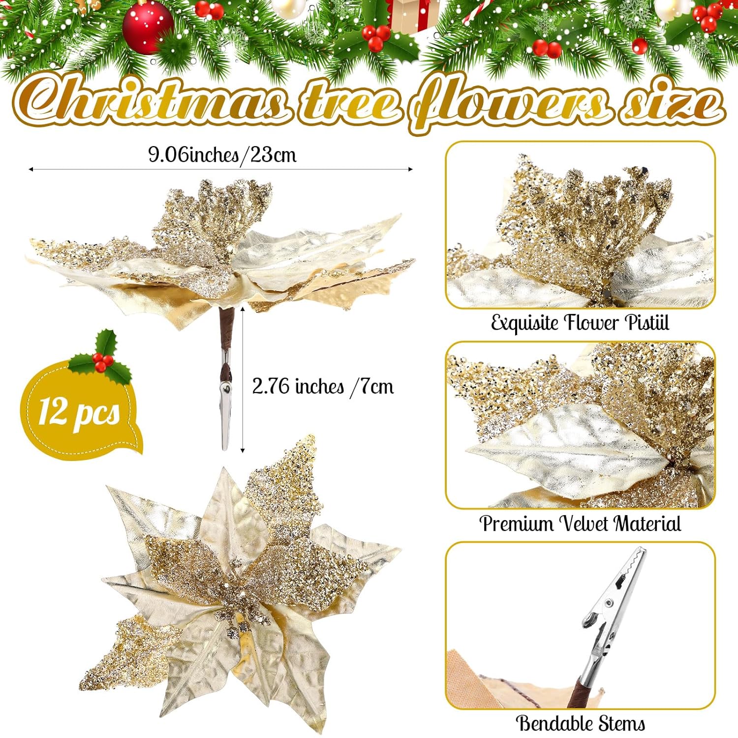 12 Pcs 9 Inch Artificial Christmas Poinsettias For Decoration Champagne Poinsettias With Clip Glitter Flower Christmas Tree For Xmas Tree Home Vase Wedding Holiday Garland Decor