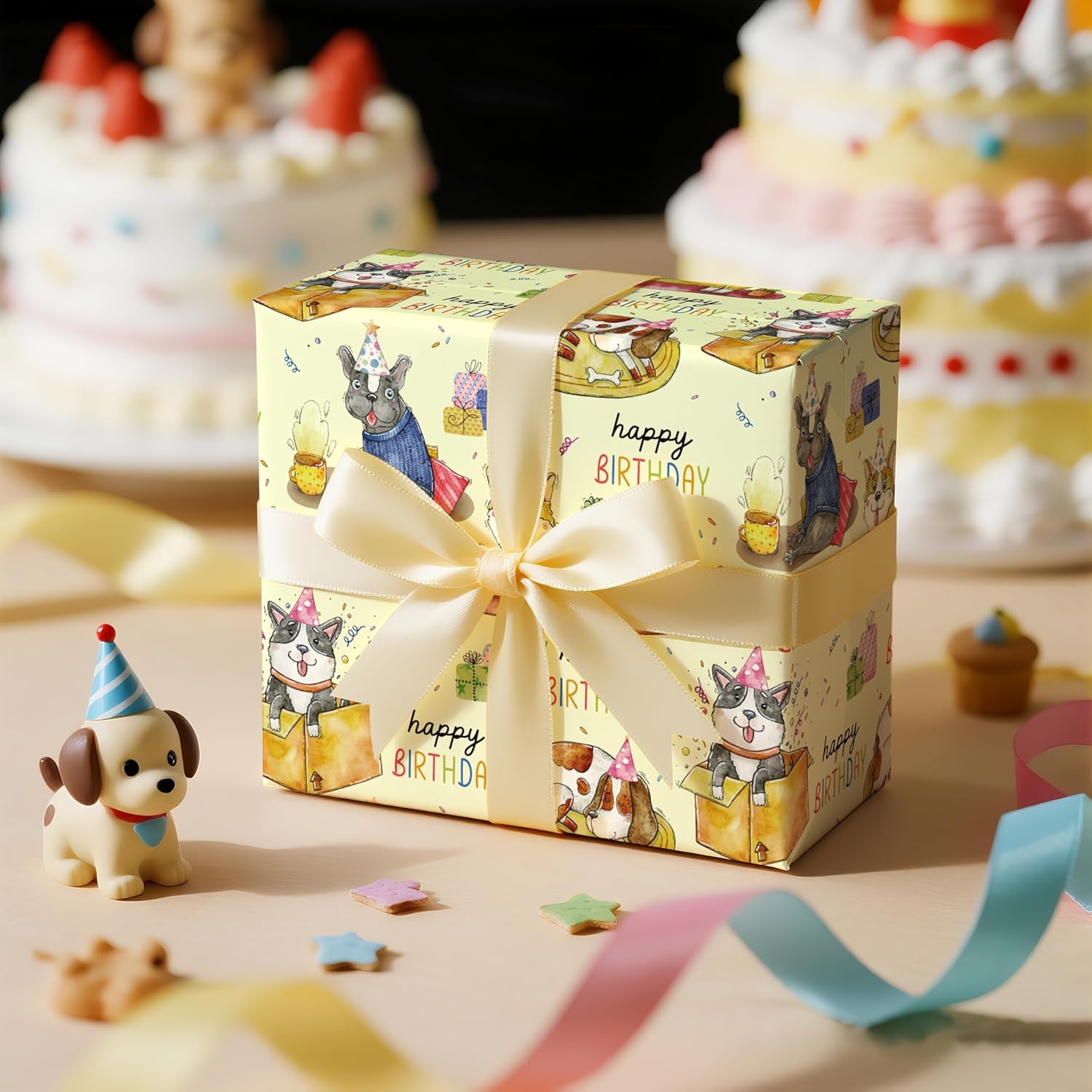 Dog Birthday Wrapping Paper Roll, Cute Party Dog Happy Birthday Cake In Light Yellow Gift Wrap For Pet Lovers, Kids Celebration, Mini Roll 17 In X 16.4 Feet