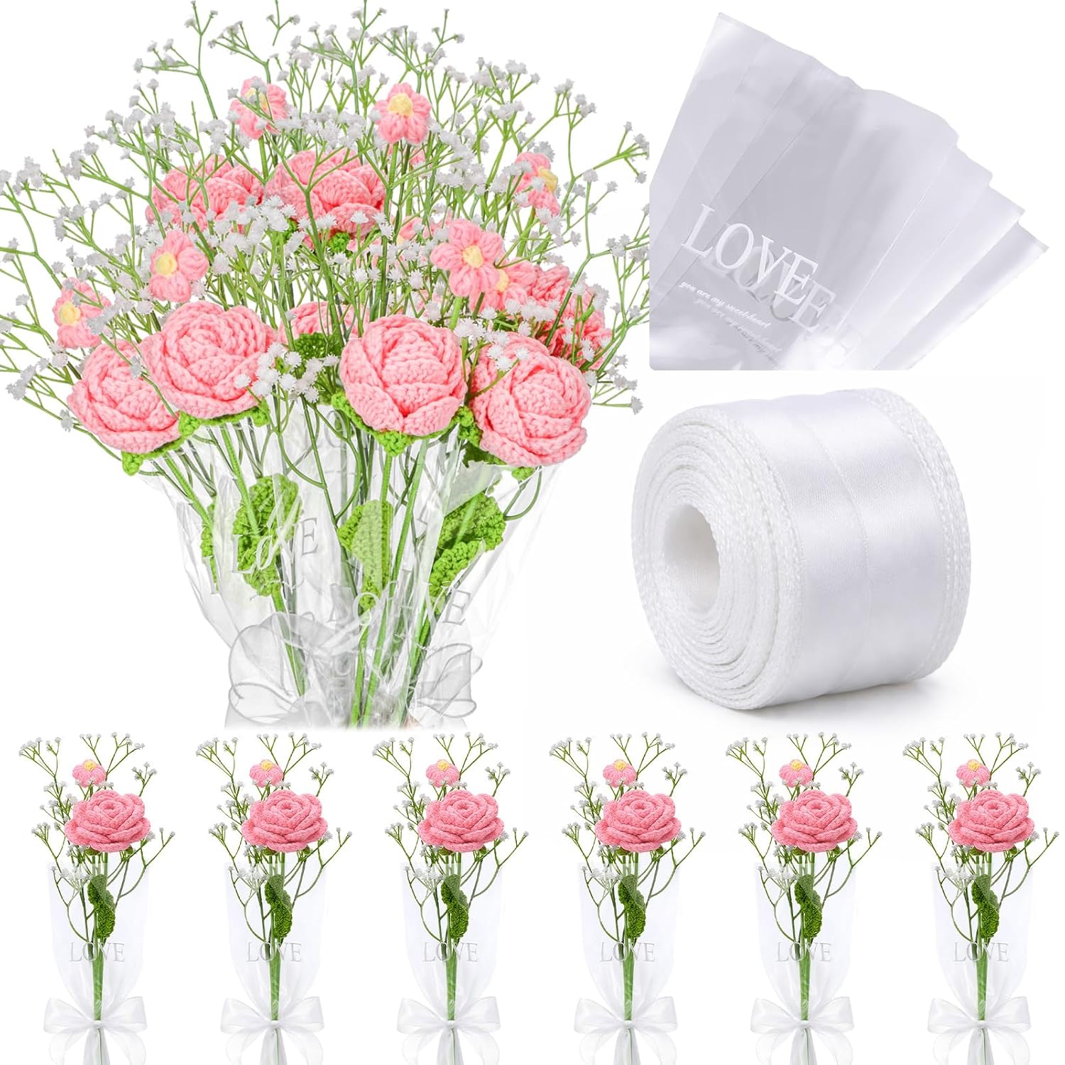 6 Bundle Valentines Day Crochet Flower Bouquet Handmade Crochet Rose Artificial Babys Breath Puff Flowers Bouquet Gift For Woman Appreciation Birthday Favors(Pink,Rose)