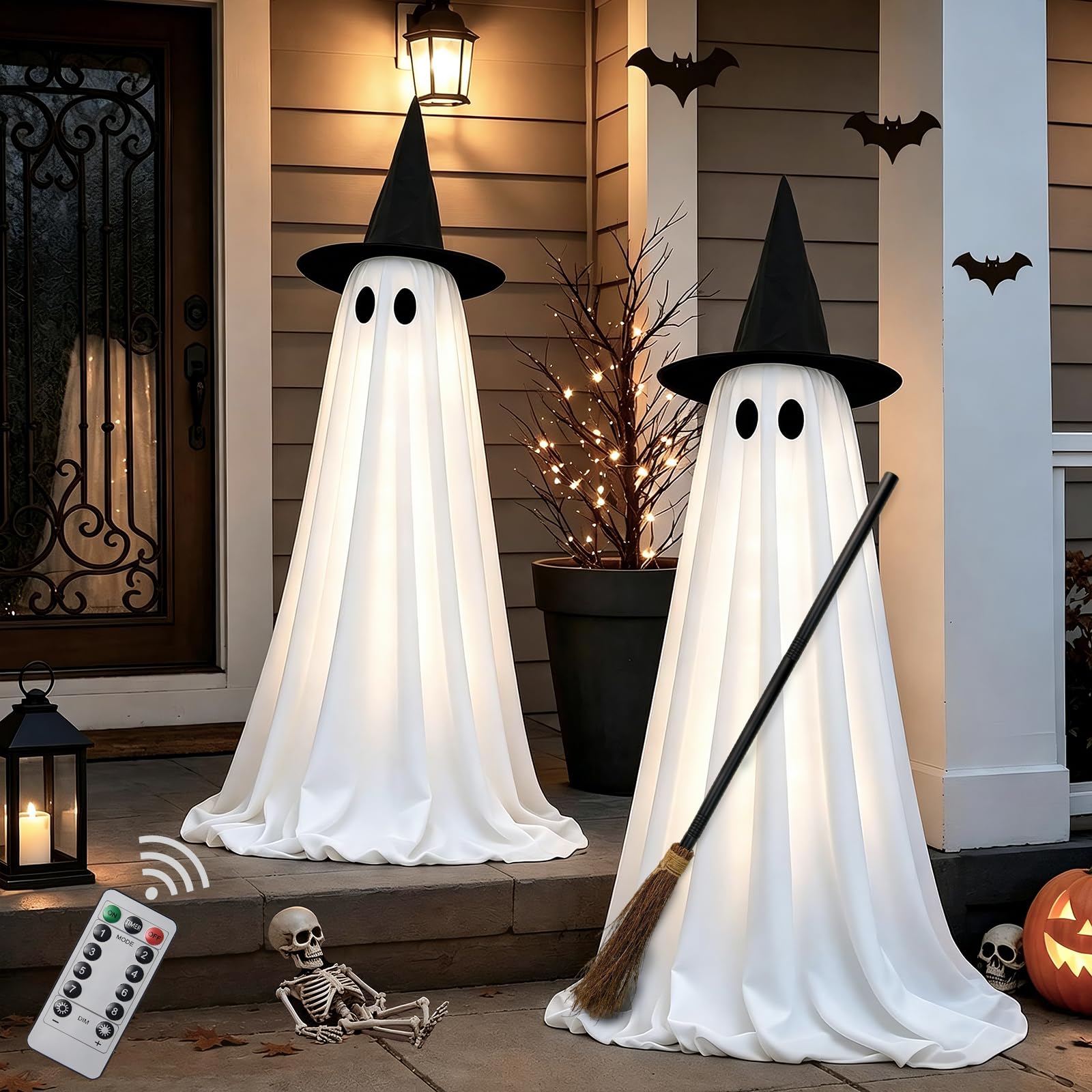 Halloween Ghost Decorations Indoor, 2 Pack Light Up Ghosts with A Broom