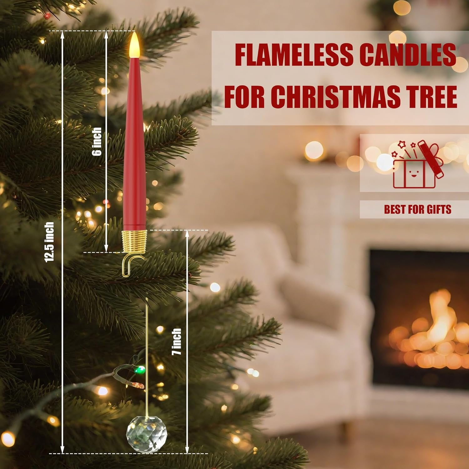 Christmas Tree Candles With Remote, Red Battery Operated Christmas Candles, Led Candlesticks With Crystal Ornaments For Xmas Tree, Flickering Flameless Taper Candle For Home, Party Decor, 12 Pcs