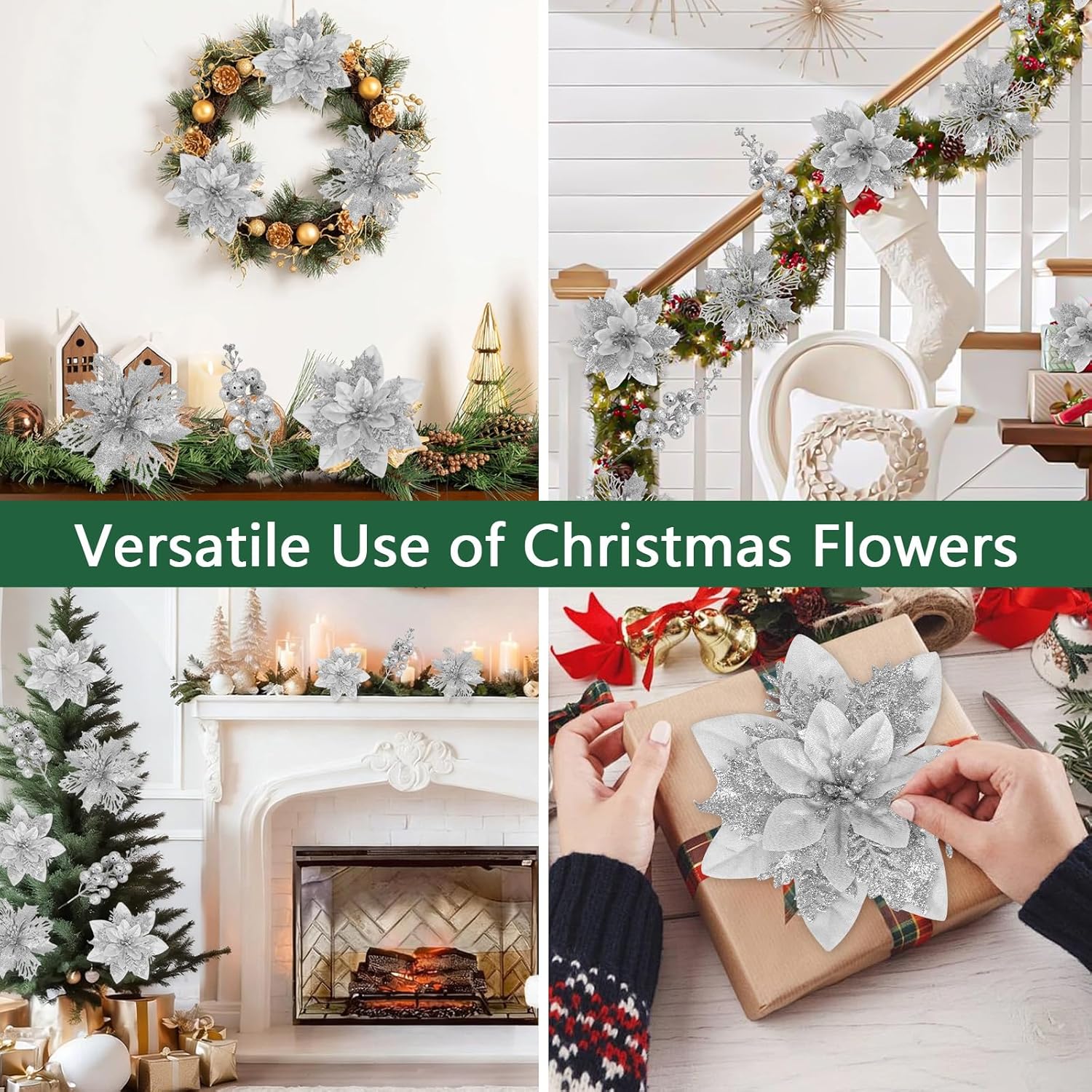 Christmas Flowers Artificial Glitter 24Pcs Poinsettia Flowers Berries Christmas Decoration Xmas Tree Ornaments Wreath Garland Decoration, Silvery