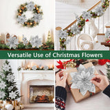 Christmas Flowers Artificial Glitter 24Pcs Poinsettia Flowers Berries Christmas Decoration Xmas Tree Ornaments Wreath Garland Decoration, Silvery