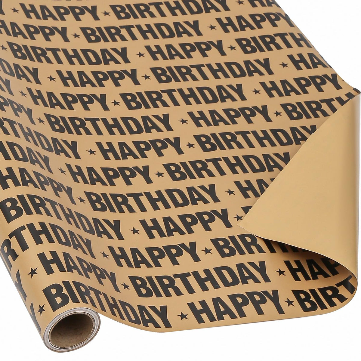 Brown Birthday Wrapping Paper Roll - Vintage Black Happy Birthday Design For Party, Baby Shower - 17.7 Inch