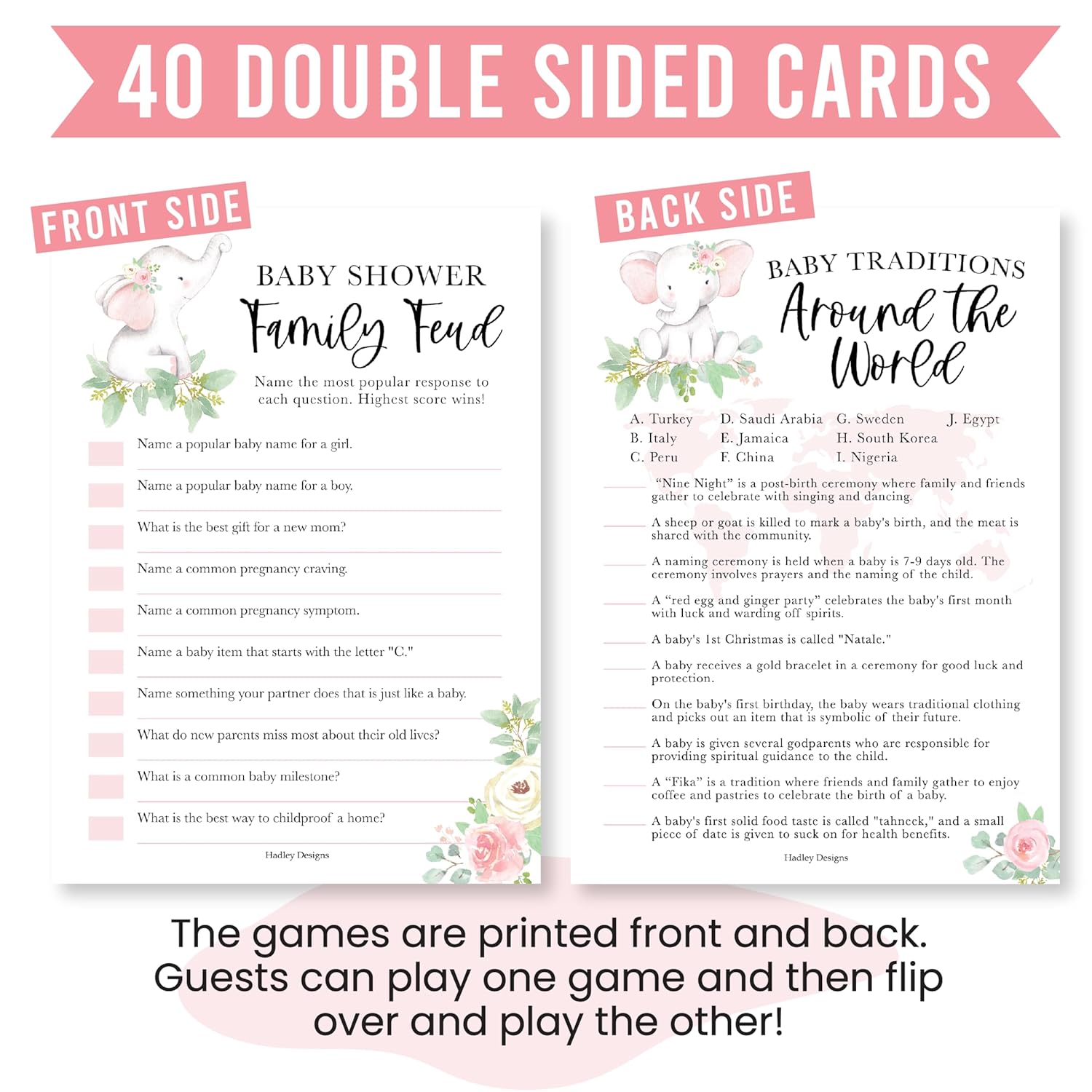 40 Elephant Baby Shower Games For Girl-Who Knows Mommy Best, Guess Who Mommy Or Daddy Baby Shower Game, Baby Games For Baby Shower Family Feud Game, Girl Baby Shower Tradition Cards