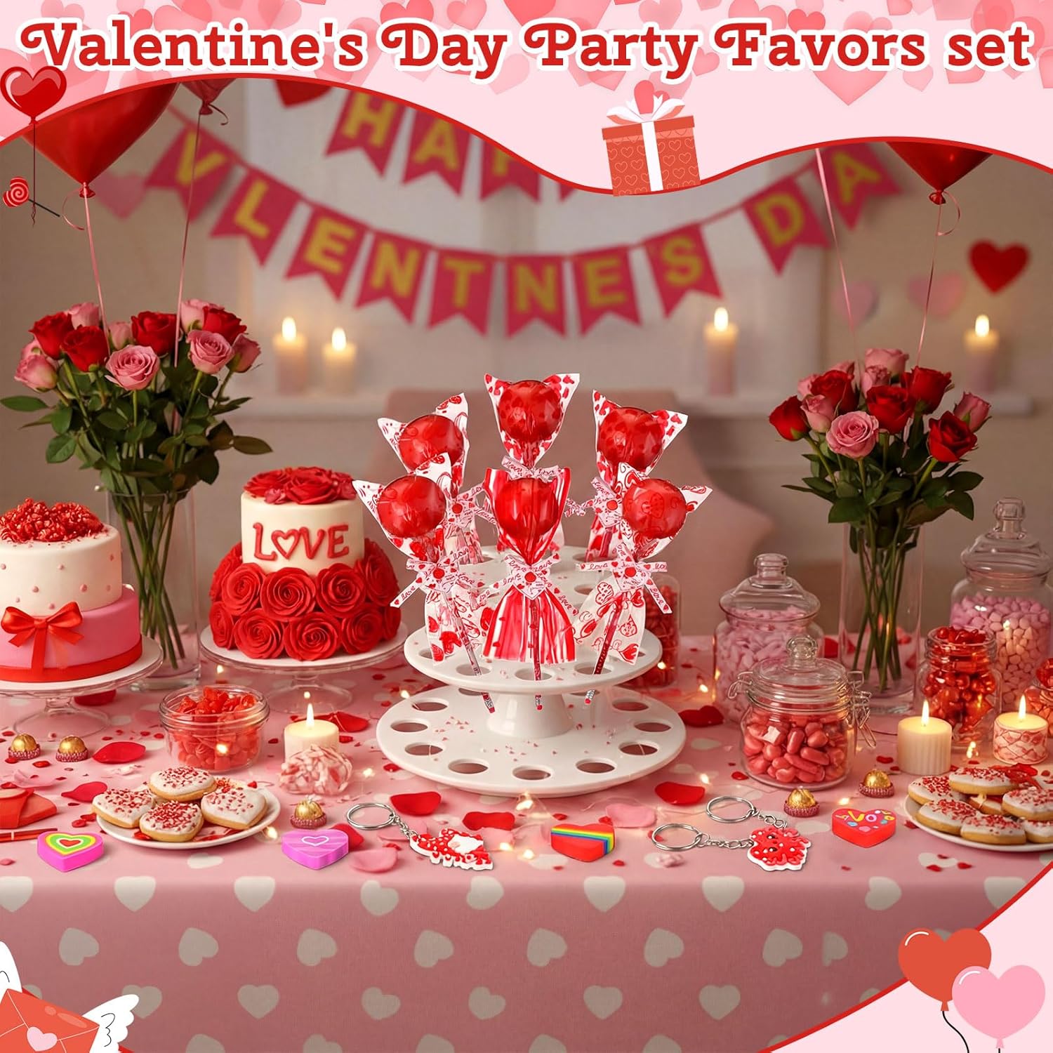 Valentine'S Day Gifts Bulk - 24 Pack Giant Lollipop-Shaped Stationery Gift Set With Valentine'S Card Pencil Eraser Keychain Bracelet Classroom Prize Exchange Party Favors