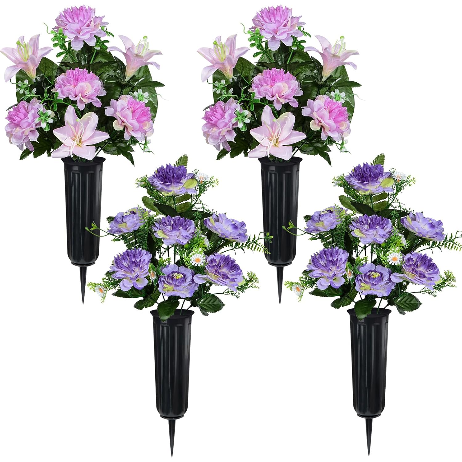 Set Of 4 Artificial Cemetery Flowers, Memorial Flowers Graveside Decoration With Vase For Mother'S Day Memorial Day Arrangements (Purple, 7Heads)