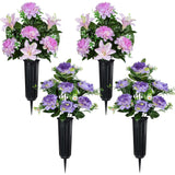 Set Of 4 Artificial Cemetery Flowers, Memorial Flowers Graveside Decoration With Vase For Mother'S Day Memorial Day Arrangements (Purple, 7Heads)