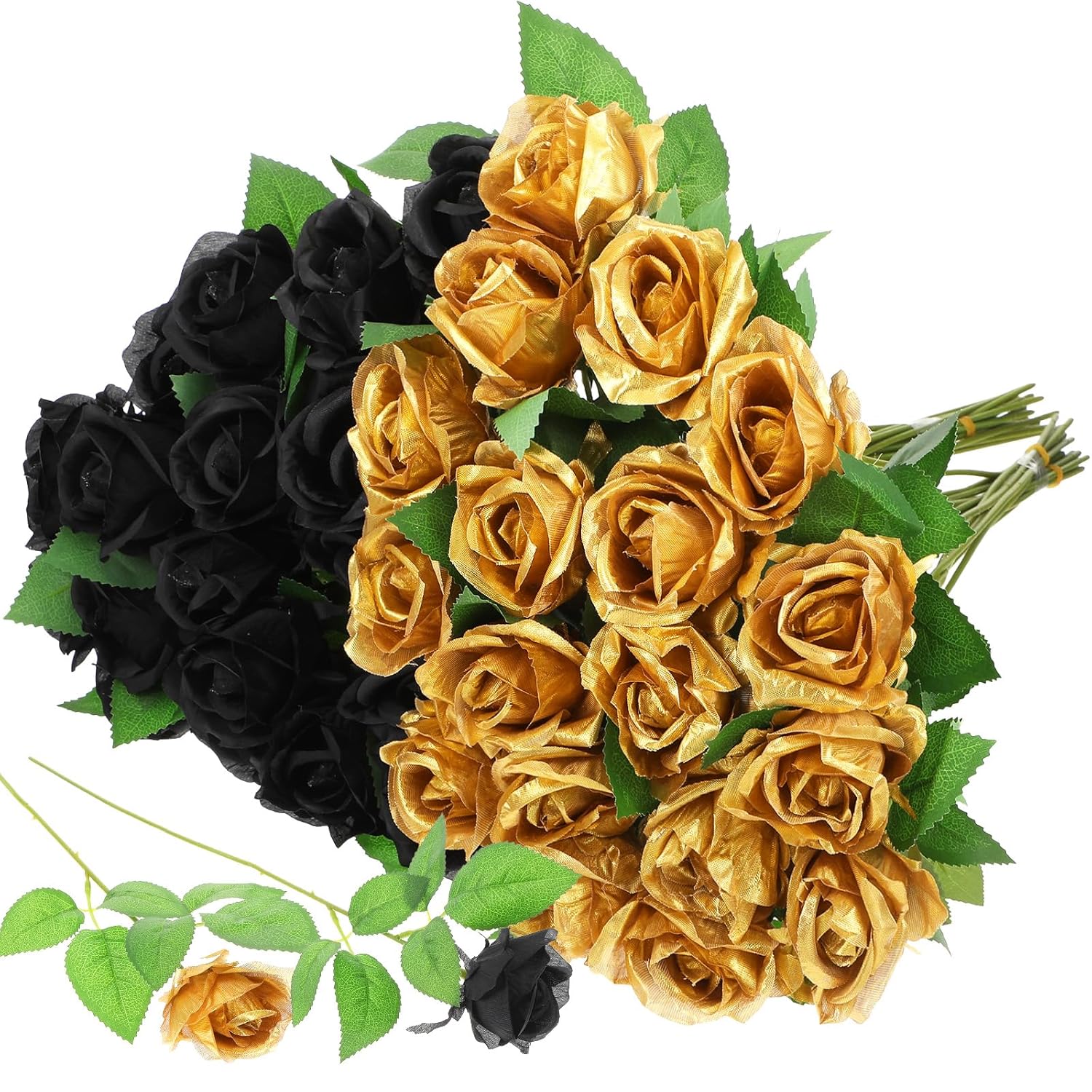 36 Pcs Black And Gold Flowers Centerpieces Silk Black And Gold Roses Bouquet Bridal Artificial Roses Bulk Fake Rose Long Stem Realistic Flowers For Wedding Bouquet Arrangement Centerpiece Party Decor