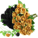 36 Pcs Black And Gold Flowers Centerpieces Silk Black And Gold Roses Bouquet Bridal Artificial Roses Bulk Fake Rose Long Stem Realistic Flowers For Wedding Bouquet Arrangement Centerpiece Party Decor