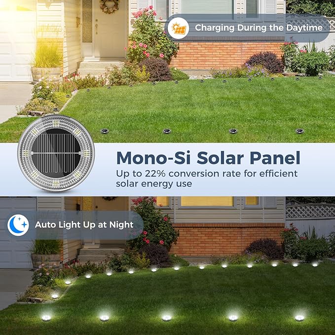 12 Pack Mini Solar Ground Lights Cool White Waterproof Flat Disc Garden Pathway Lights
