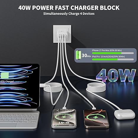 3 Pack 40W 4 Port USB C Fast Wall Charger with 6FT USB C Cables for iPhone 17 16 15 iPad