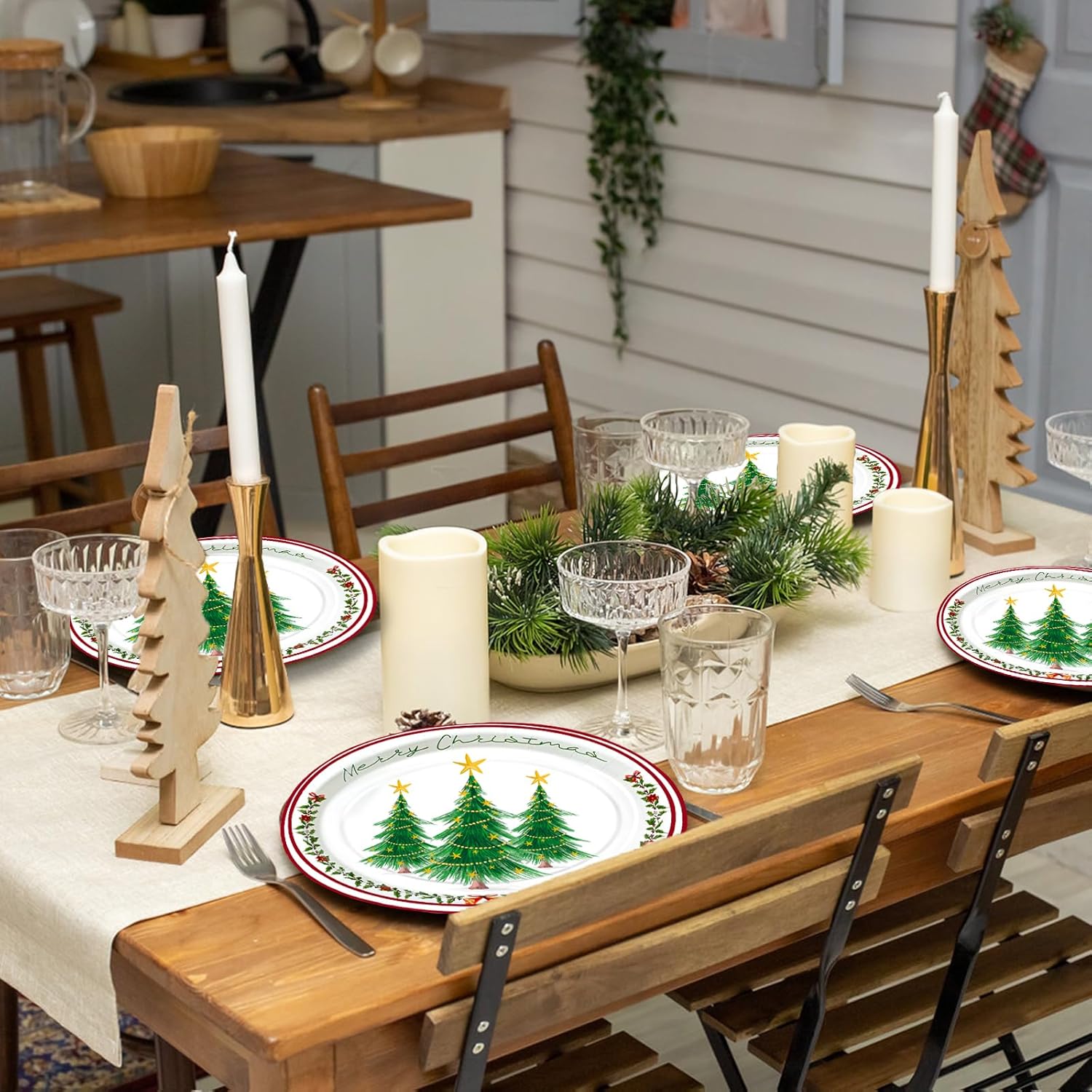 Christmas Tree Oval Paper Plates 10" X 12" Large Holiday Disposable Dinner Plates Merry Christmas Tableware For Xmas Party Supplies