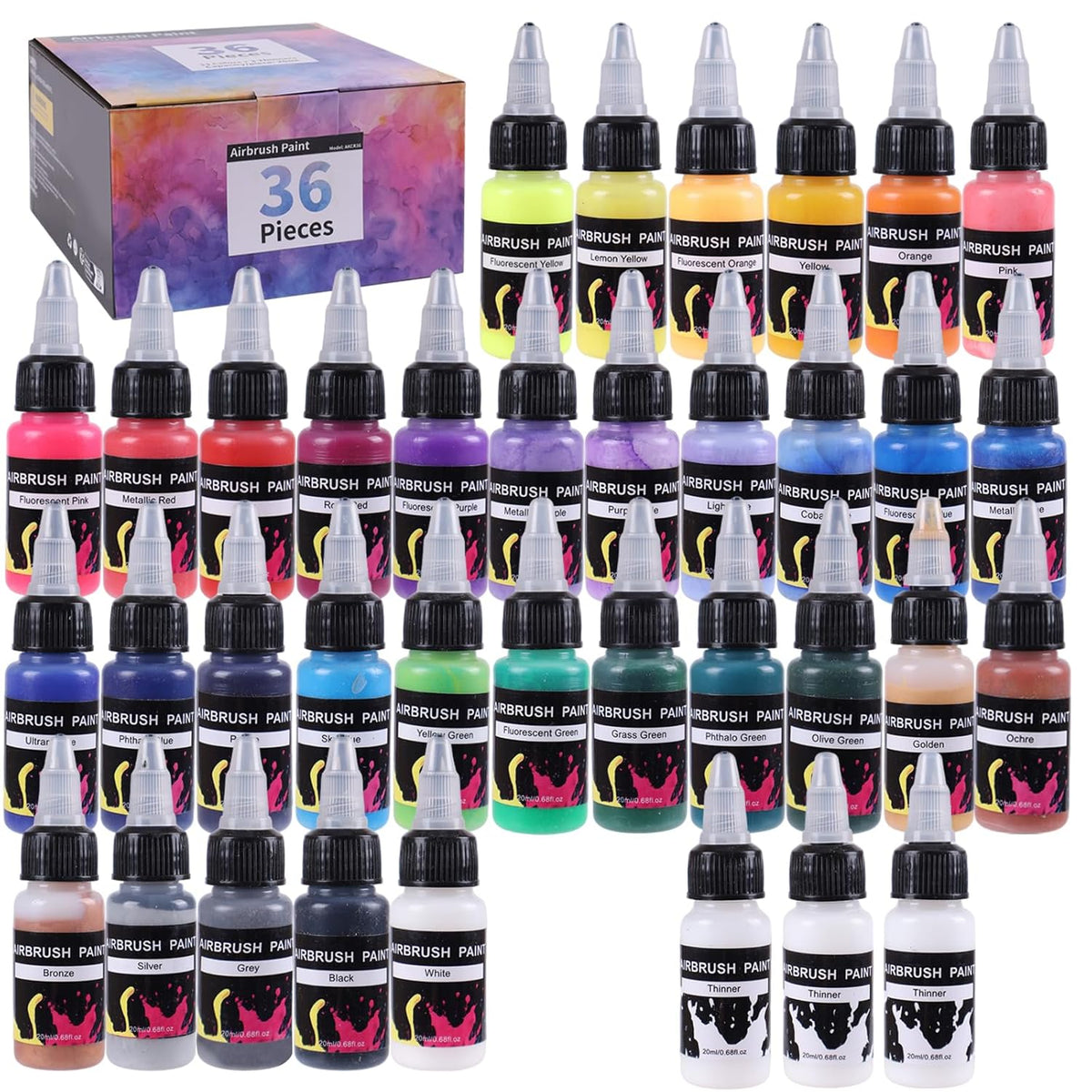 33 Colors Airbrush Paint Set + 3 Thinner - Ready To Spray Acrylic Paints - Rich Pigments, Water-Based, For Models, Miniatures, Figurines, Canvas, Fabric & More - 20Ml Bottles