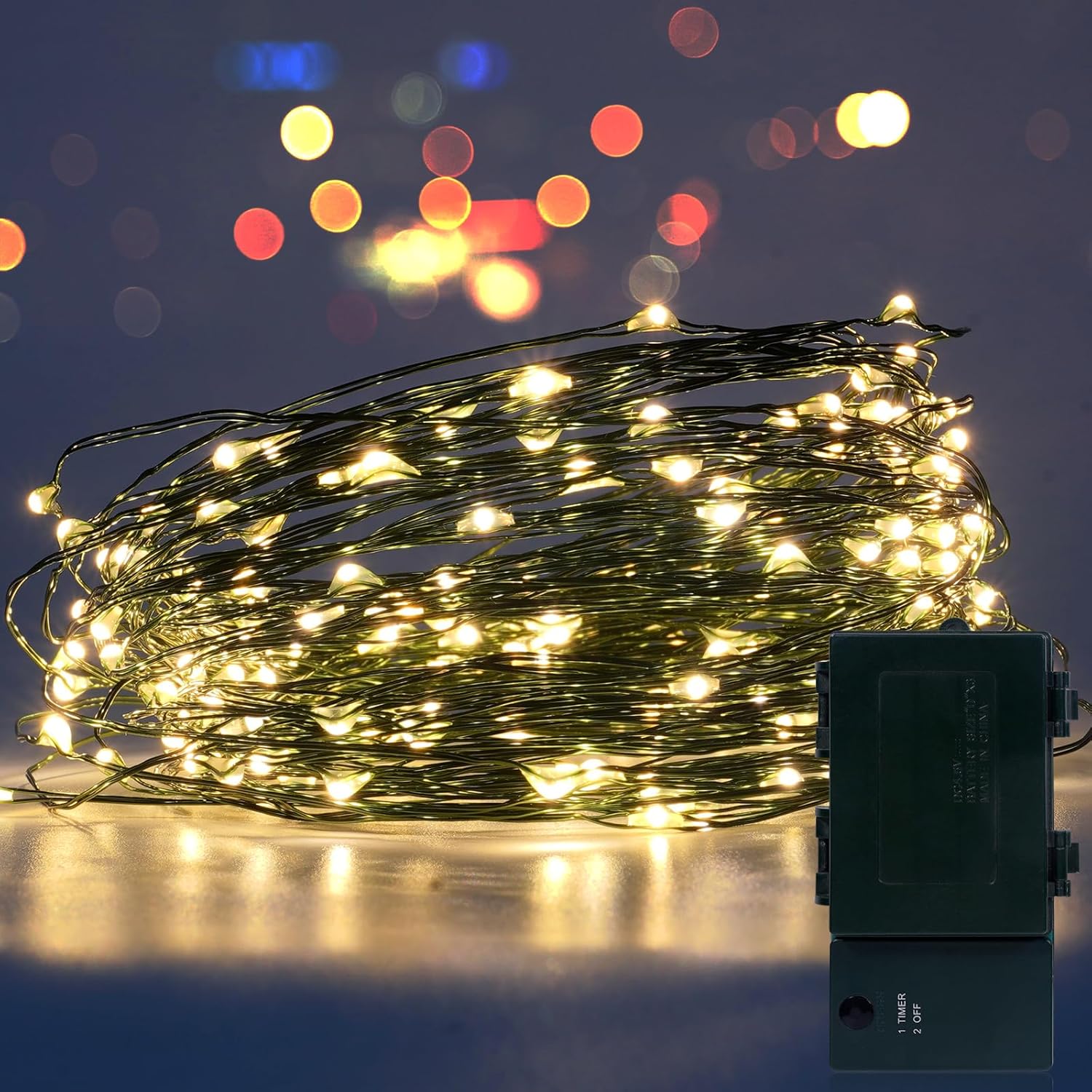 Timer Battery Twinkle Mini Fairy Lights, 1 Pack 200 Led 33Ft Dark Green Wire,Firefly Starry Led String Lights Warm White