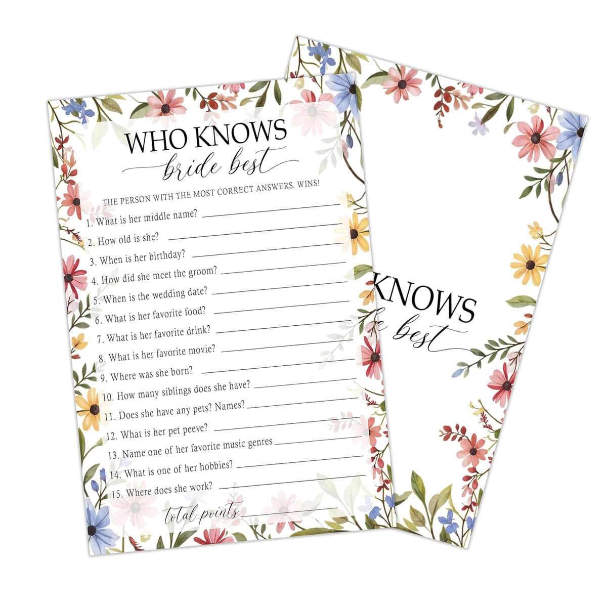 Who Knows The Bride Best, Wildflowers Bridal Shower Games Cards, 30 Guests Elegant Wedding Activity For Bachelorette Engagement Party Decorations Favors- A07