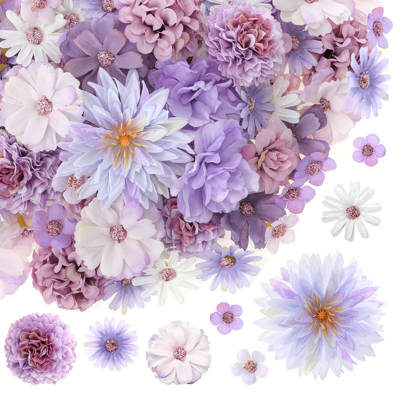 200 Pcs Fake Flower Heads For Crafts Mini Flower Heads Faux Rose Artificial Daisy Blossom Heads Decorative Flowers For Home Bride Bridesmaid Wedding Centerpieces, 2-7 Cm (Purple)