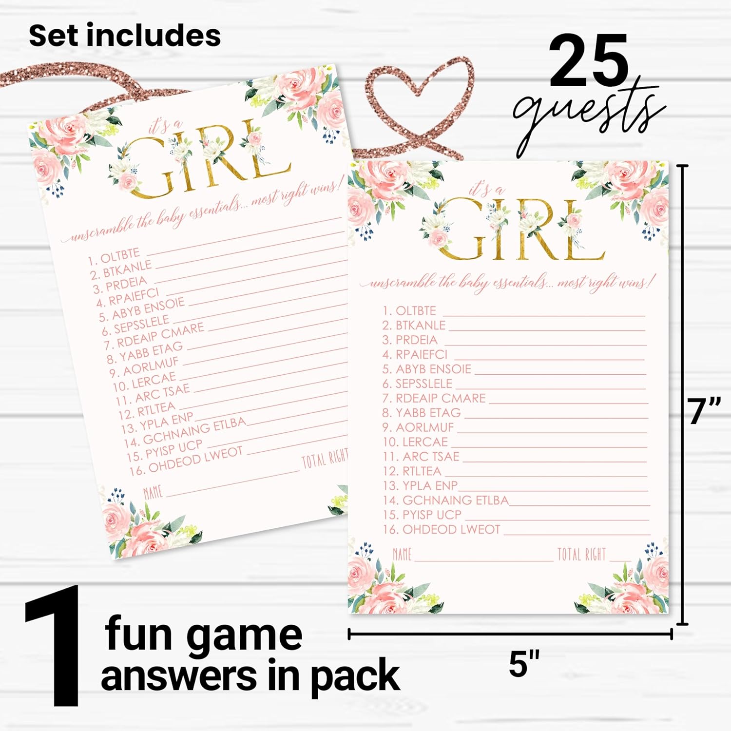 Oh Girl Baby Shower Games Rustic - Word Scramble Cards - 25 Pack - Fun Baby Shower Activities For Guests - Boho Floral Theme In Pink And Gold