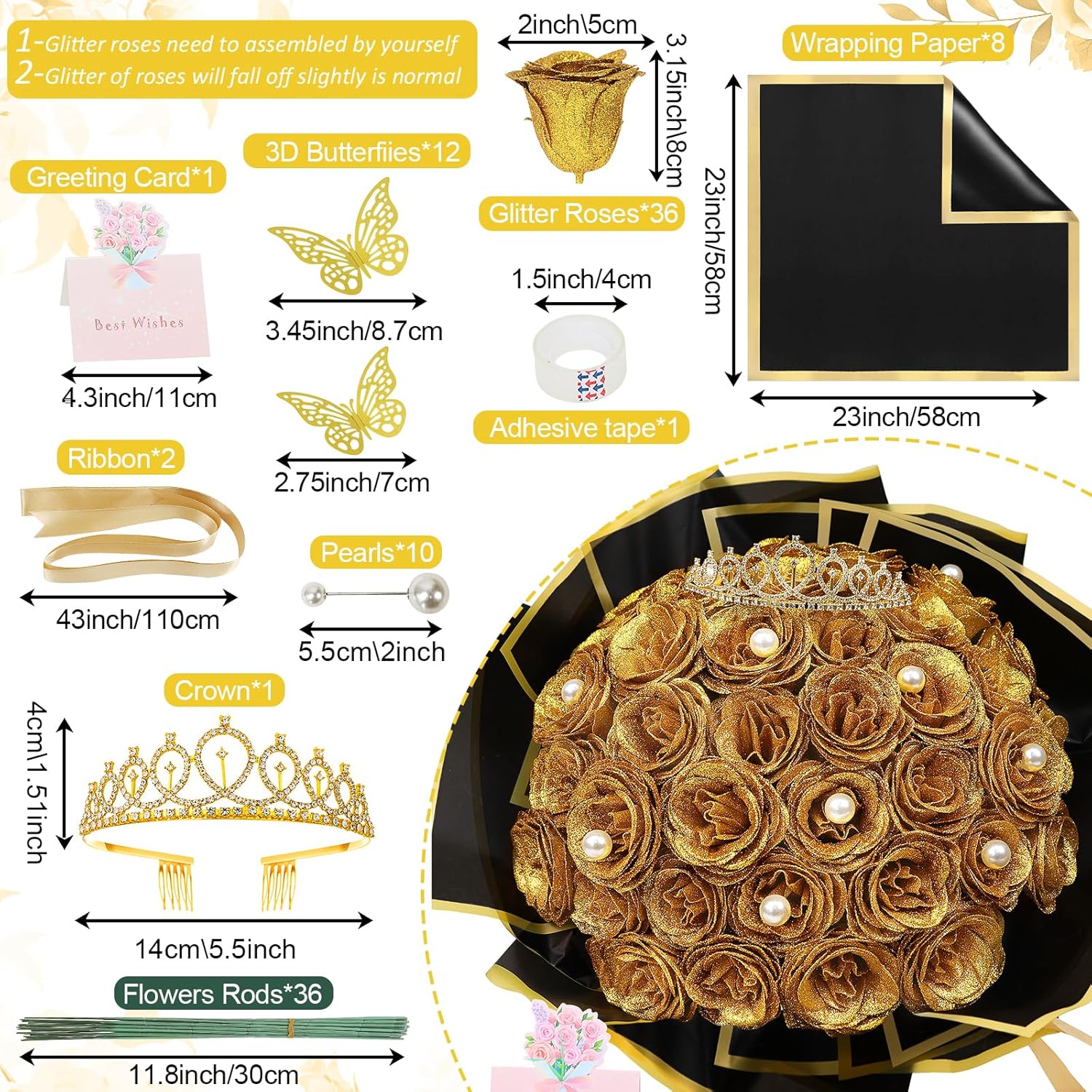 Diy Glitter Roses Bouquet Gold- 36 Pack Fake Shiny Flowers With Stems Eternal Floral For Graduation Handmade Wedding Bouquet Anniversary Birthday Gift, Mother'S Day Gifts For Her