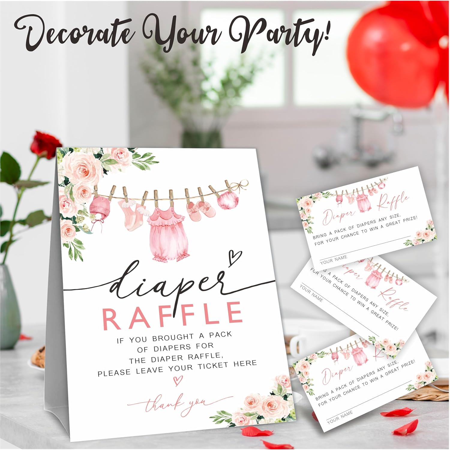 Baby Shower Diaper Raffle Game Kit - Floral & Accessories, 50 Tickets & 1 Standing Sign, Decoration For Shower, Gender Reveal, Announcement, Party Favor & Decorations - B03