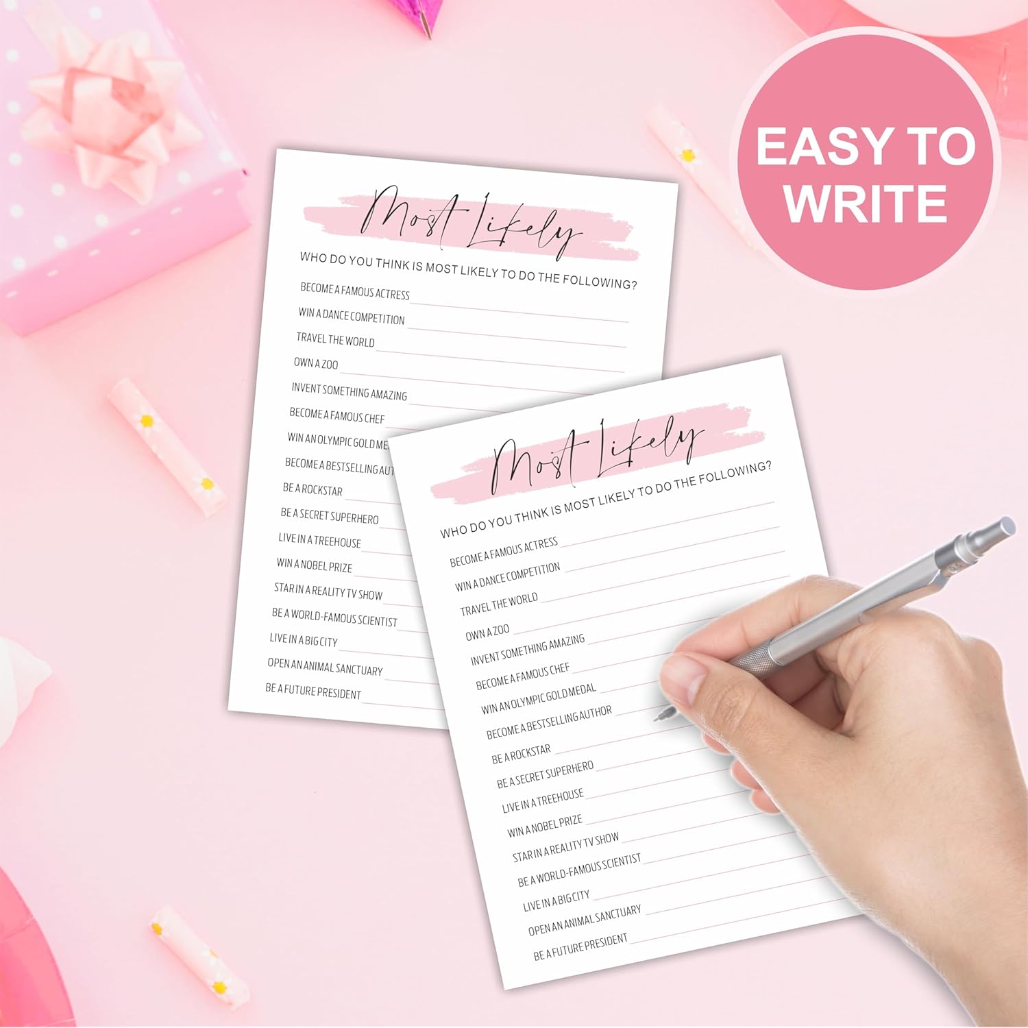 Minimalism Birthday Party Game Cards - Most Likely - 20 Blush Double-Sided Fill In Style Birthday Party Game Cards For Girls, Party Favor & Activities - A06