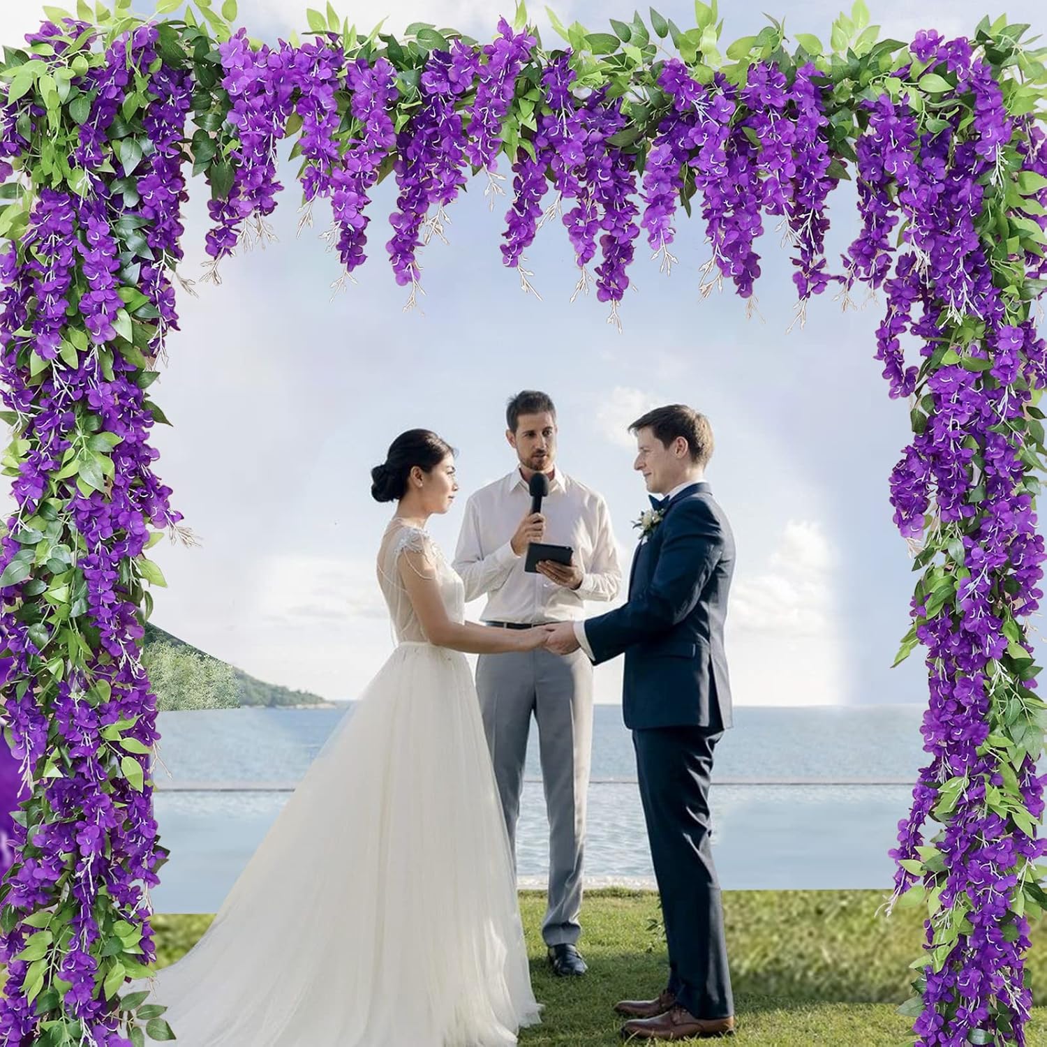 Wisteria Artificial Flowers Garland, 2Pcs Total 14.4Ft Silk Faux Wisteria Vine Kit, Hanging Flower Plant For House Outdoor Garden Ceremony Outside Wedding Arch Floral Decor (2, Purple)