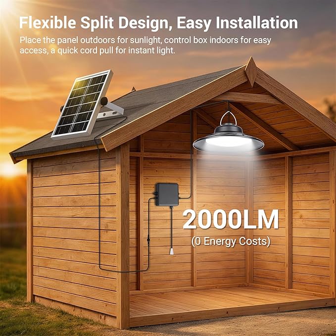 Solar Shed Light 2000LM Indoor Outdoor Pendant Light with Pull String IP65 Waterproof