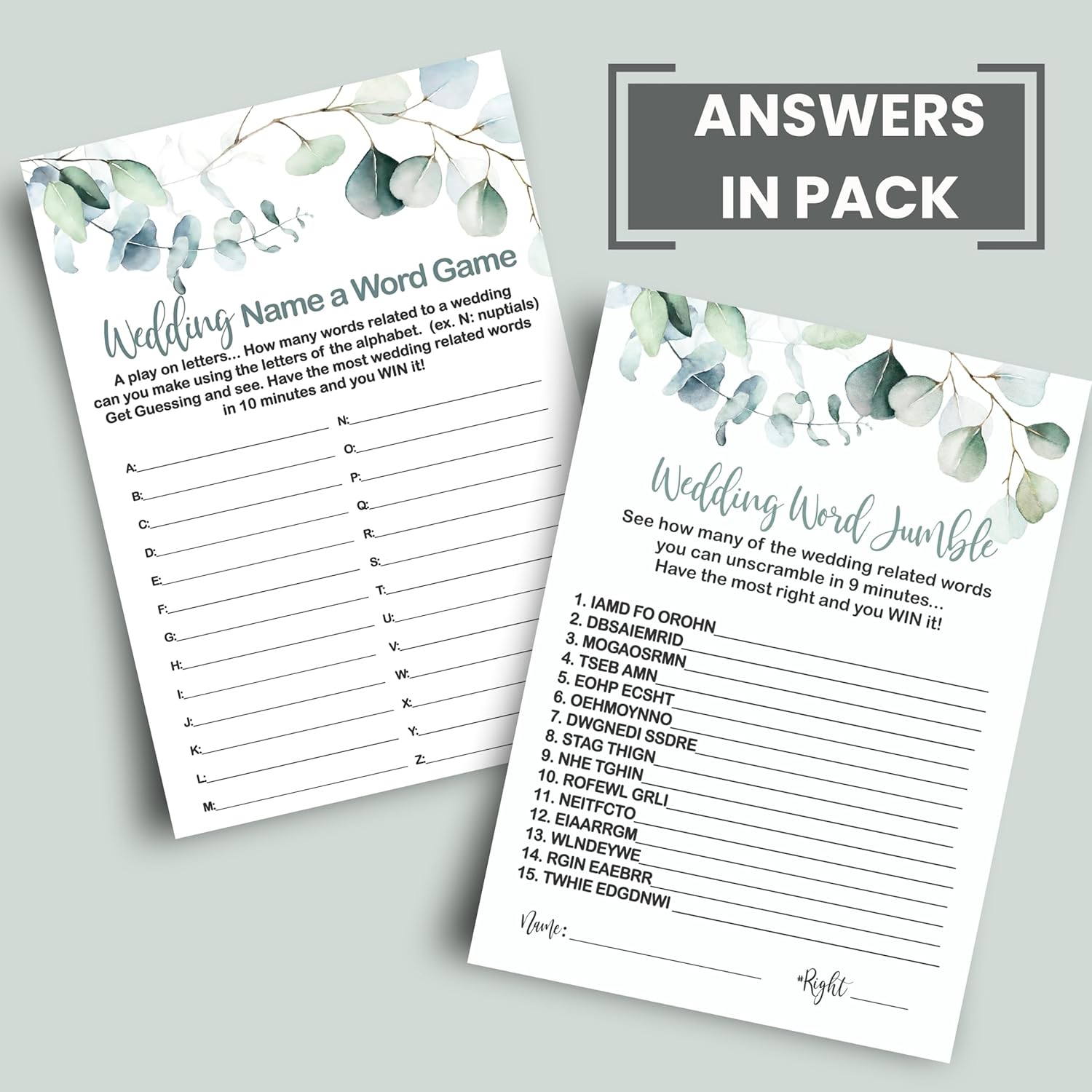 Greenery Bridal Shower Games - 25 Each Of Guess The Cake, Word Scramble, Famous Pairs & Wedding Name Game - Fun Activities For Engagement Parties & Rehearsal Dinners - Double-Sided Cards Bundle