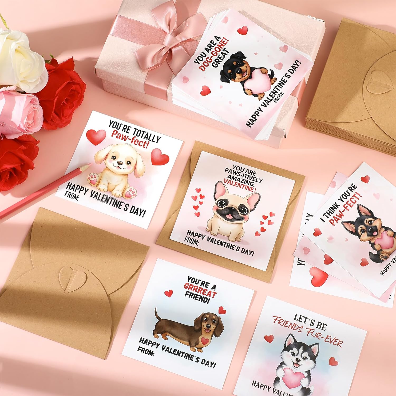 24 Pack 4.3 X 4.3 Valentine Cards With Envelopes Valentine'S Day Classroom Cards Assorted Adorable Design With Printed Message Inside For Teachers Students Coworker Family Friend(Dog)