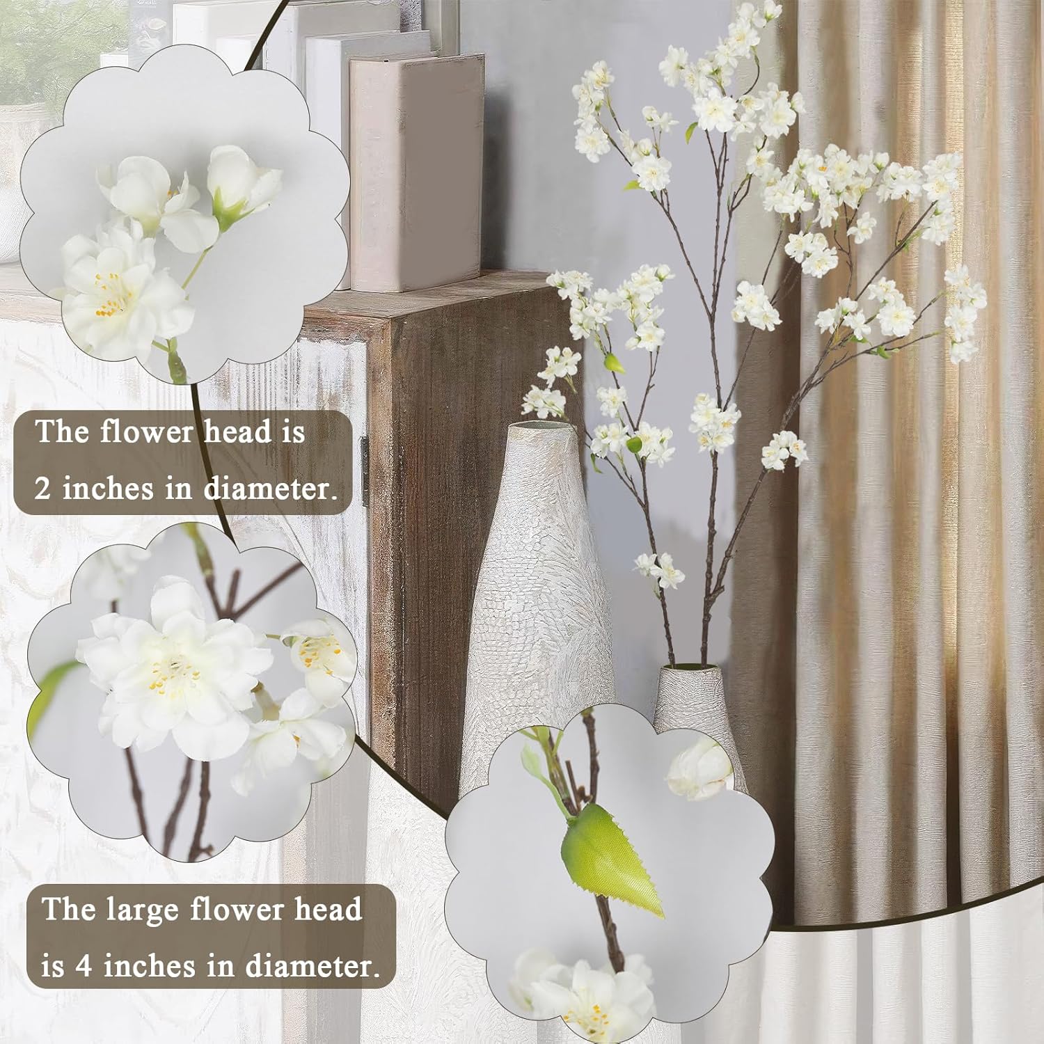 White Cherry Blossom Branches Long Stem Artificial Flowers For Tall Vase Silk Flower Bulk Plum Blossom Flowers For Indoor Home Decor Bedroom Wedding Floral Arrangement Table Centerpieces Party