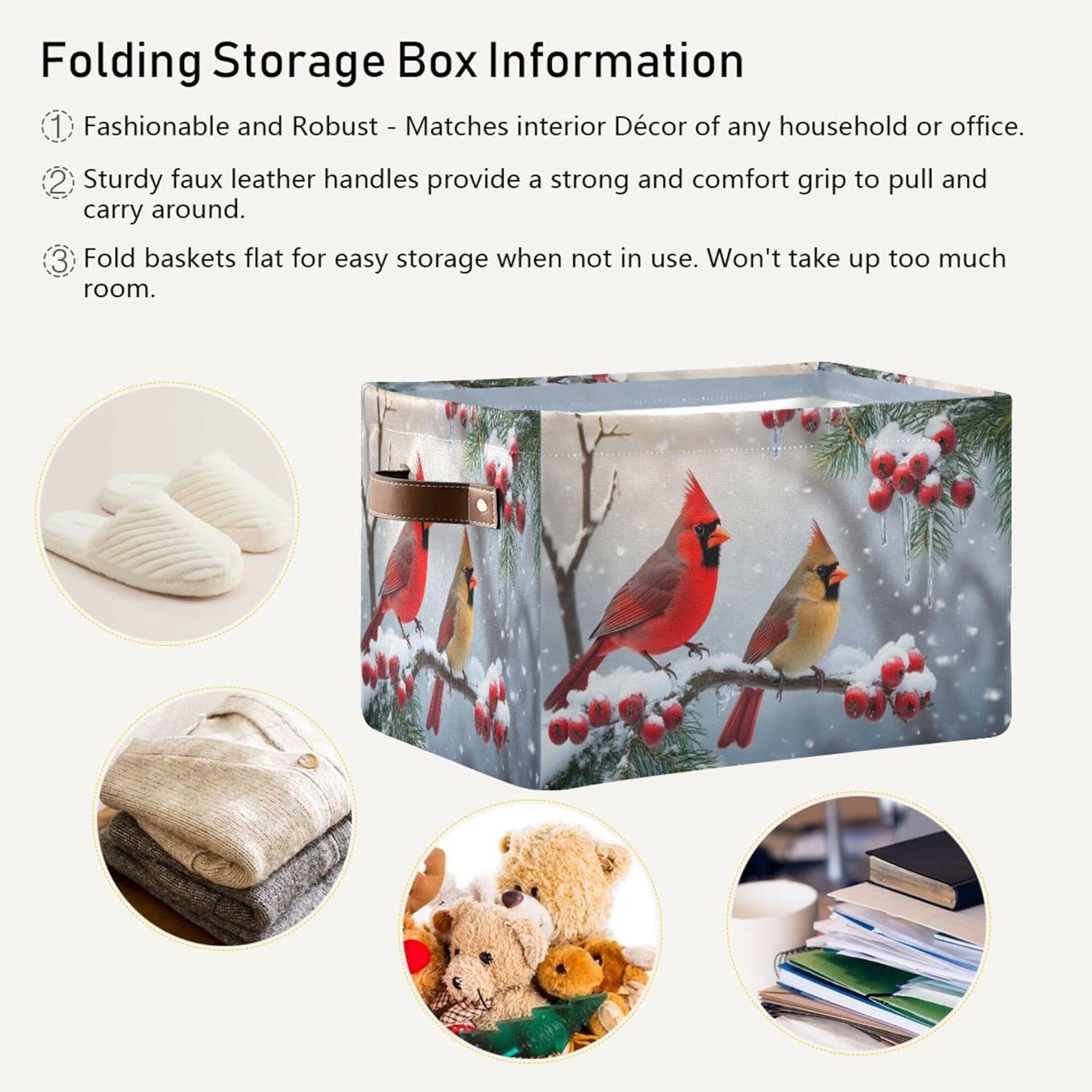 Winter Cardinal Birds Snow Storage Basket Fabric Laundry Baskets Christmas Tree Holly Berry Branches Storage Boxes Organizer Bag For Baby Cloth Dog Toy Book Storage Cubes Shelf Closet Bins 16×12×8