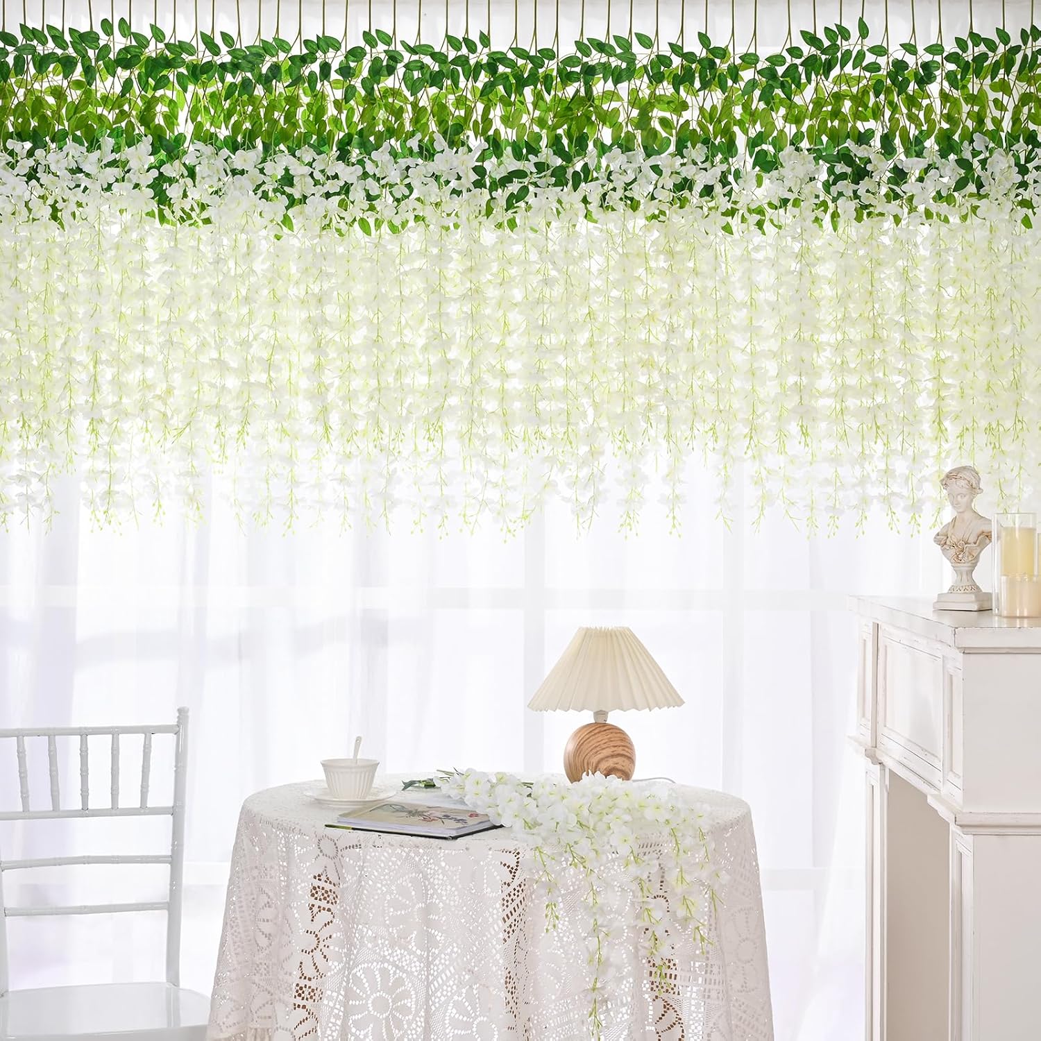 24 Pack Wisteria Hanging Flowers, 3.6 Feet Wisteria Flowers Hanging Garland, Silk Artificial Wisteria Flower Vine String For Wedding Party Home Office Wall Decor (White)