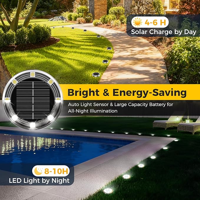 6 Pack Mini Solar Ground Lights 8 LED Cool White IP65 Waterproof Flat Disc Pathway Lights