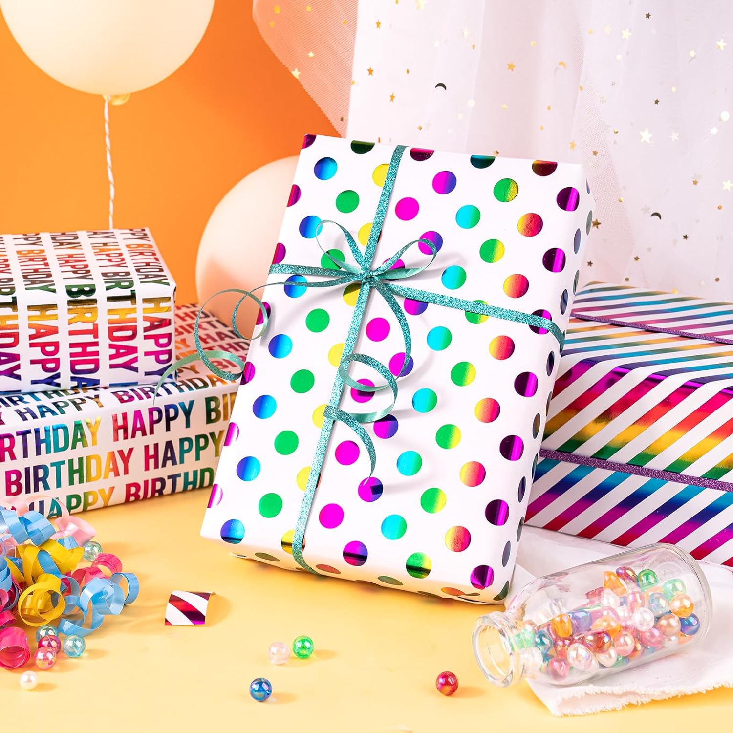30 Inch Birthday Wrapping Paper Roll - Colorful Foil Happy Bday Design For Birthday, Wedding, Baby Shower - 4 Rolls - 30 Inch X 120 Inch Per Roll