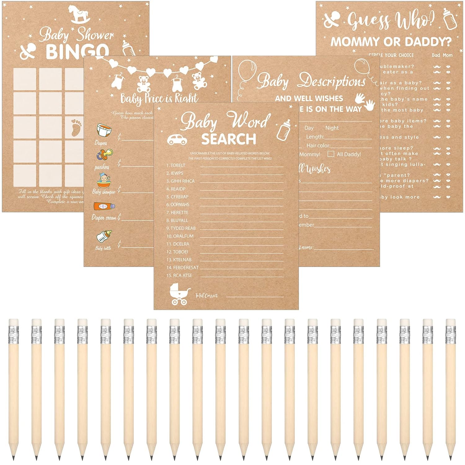 145 Pcs Rustic Games Activities Cards For 25 Guests With 20 Pencils Rustic Kraft Funny Theme Games, Bingo, Guess Who, Gender Reveal Ideas
