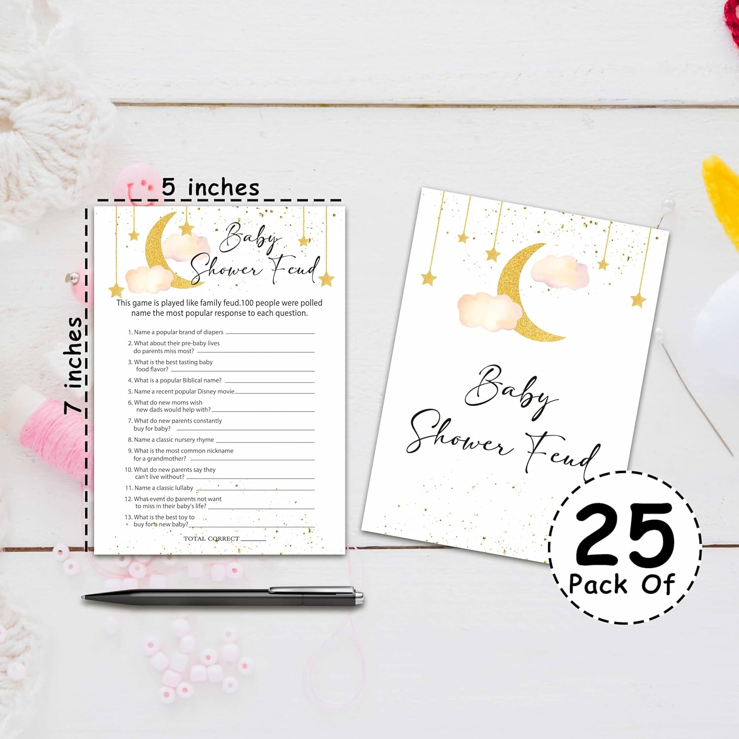 Baby Shower Party Games, Baby Shower Feud Game, 25 Moon And Stars Gender Reveal Party Games Cards (5" X 7"), Over The Moon Baby Shower Supplies Decorations -02
