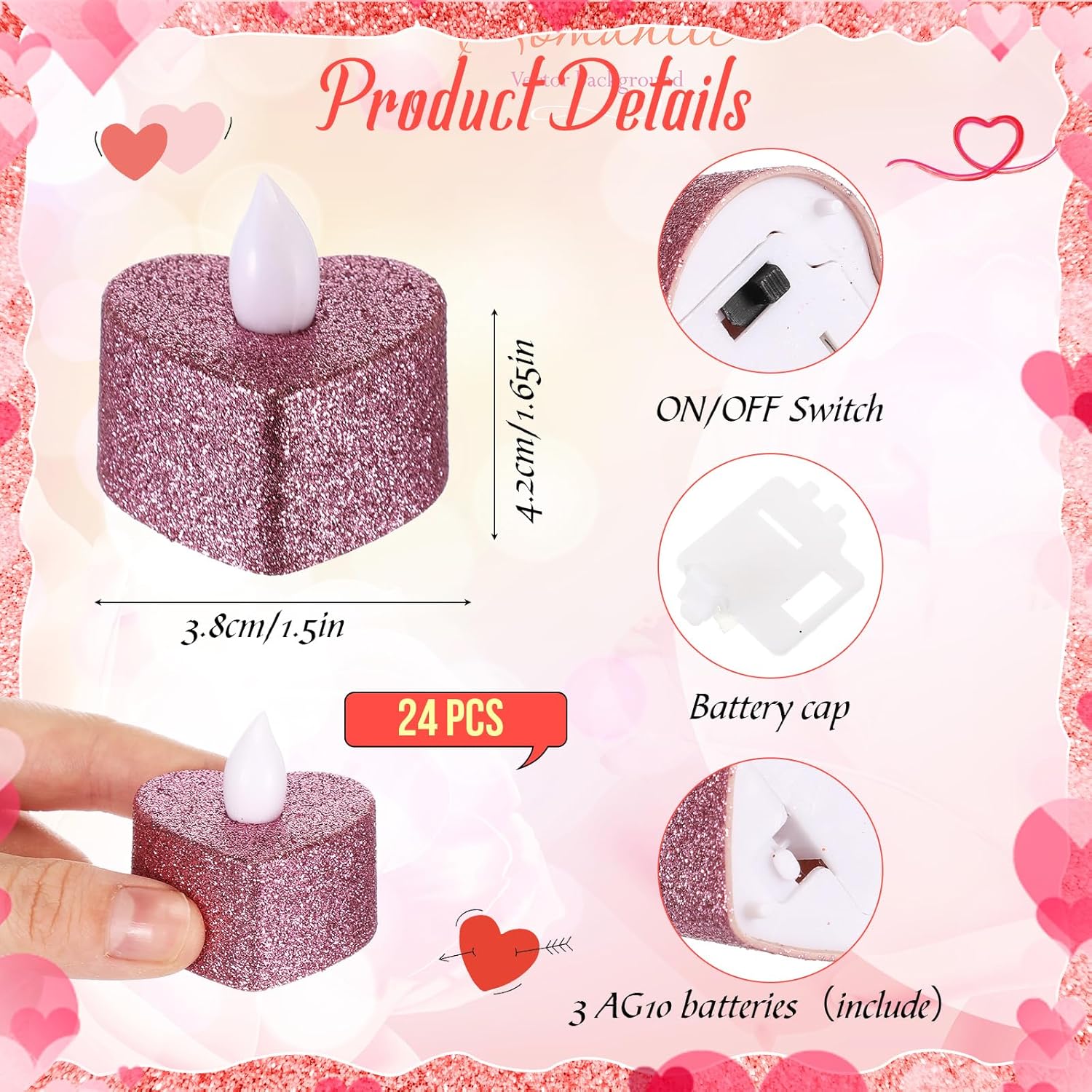 24 Pcs Valentine Candles Heart Shaped Glitter Tealights Romantic Led Tea Lights Candle Battery Operated For Valentine'S Day Marriage Proposal Wedding Anniversary Celebration Decor(Pink)