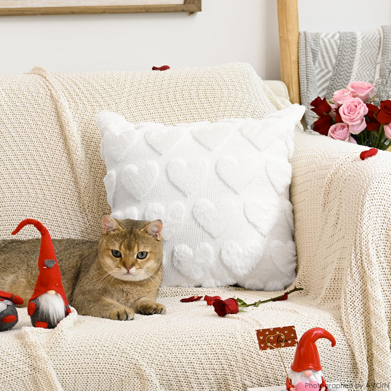 Valentine'S Day Love Heart Cream White Throw Pillow Covers Set Of 2, 18 X 18 Inch Anniversary Wedding Home Decor Soft Plush Faux Fur Jacquard Cushion Case For Sofa Couch