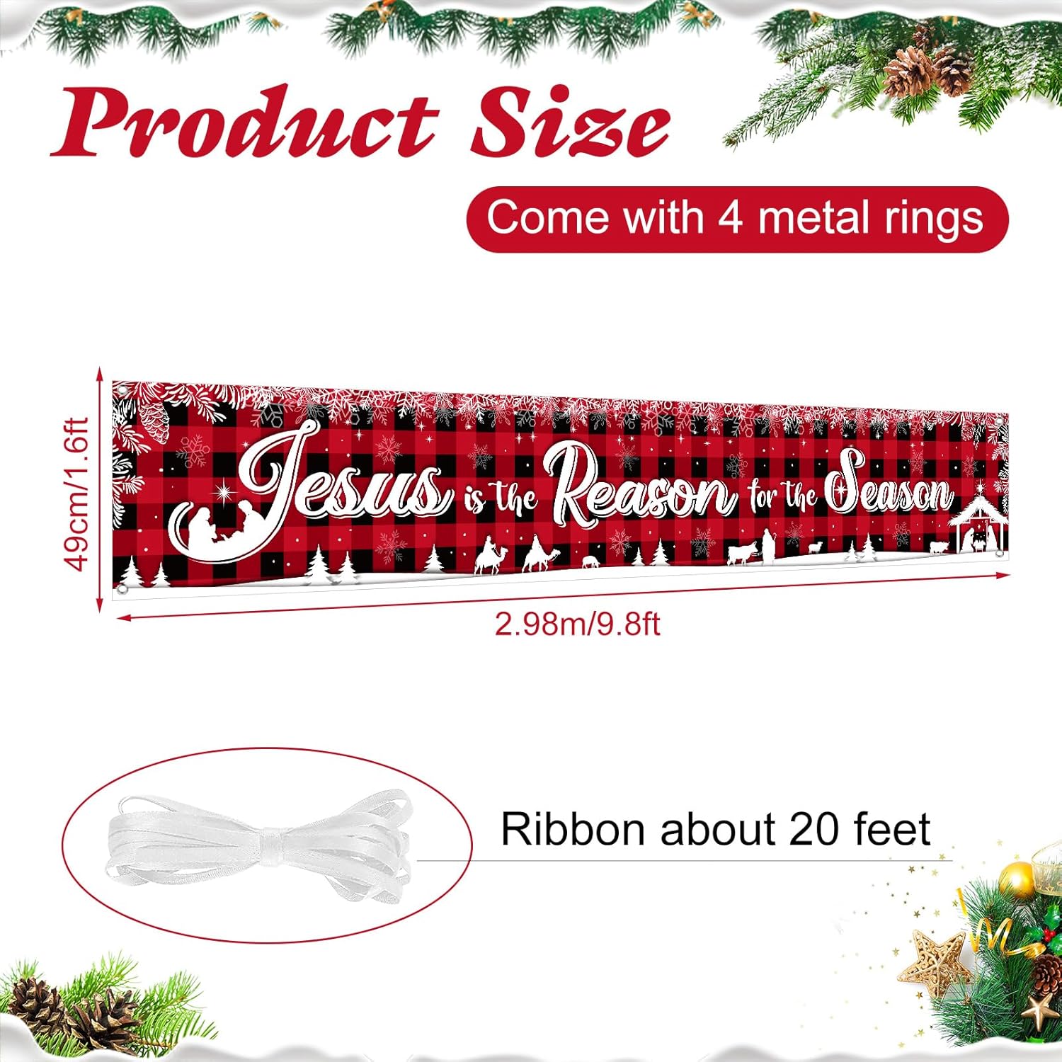 Holy Nativity Christmas Banner Manger Scene Religious Jesus Is The Reason For The Season Red Buffalo Plaid Hanging Banner For Xmas Winter Holiday Outdoor Indoor Decoration