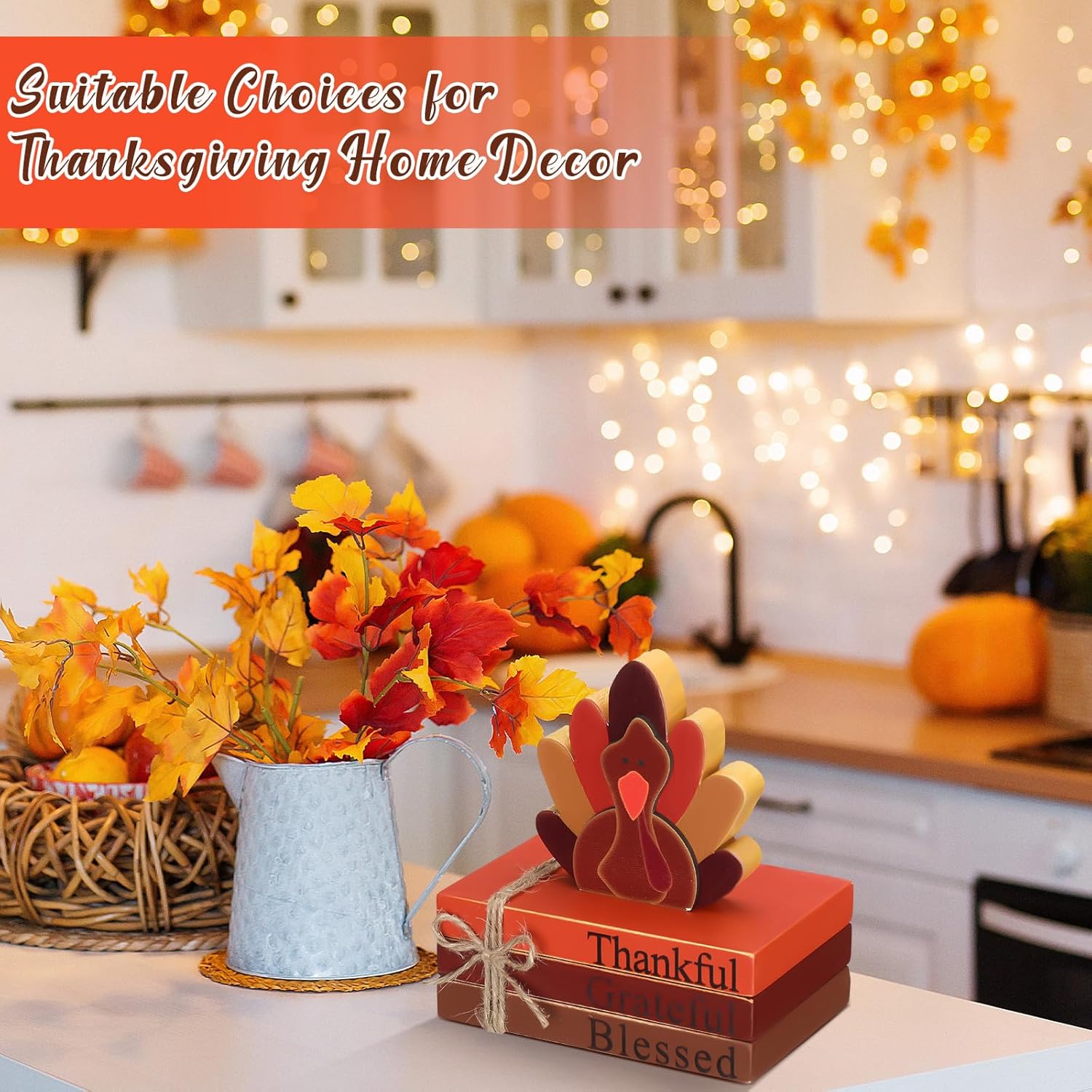 4 Pcs Thanksgiving Turkey Decor Wooden Turkey Tiered Tray Decor Thanksgiving Book Stack Bundle Farmhouse Turkey Sign Rustic Fall Decor For Home Thanksgiving Table Centerpiece Shelf(Cute)