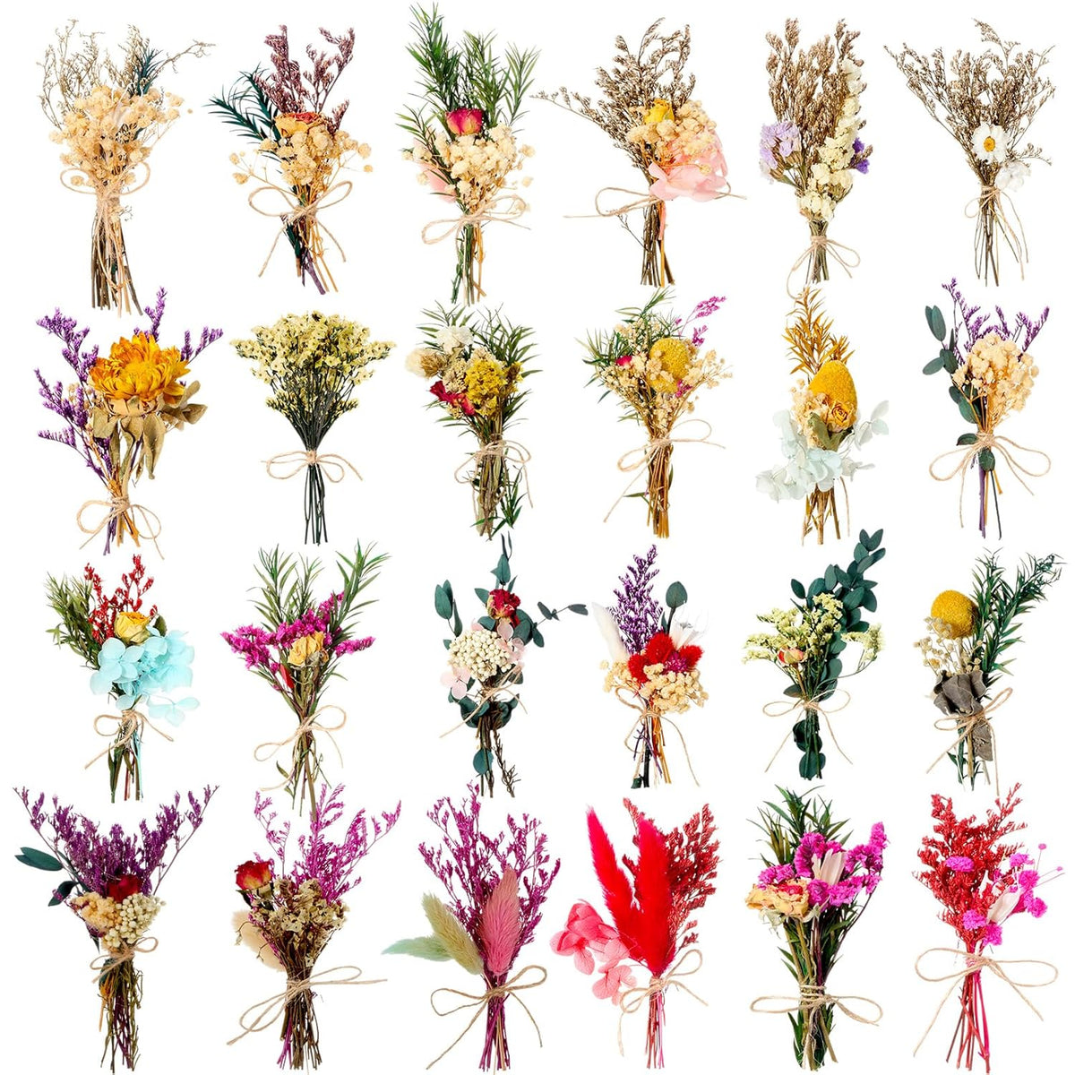 24 Pcs Dried Flowers Bouquet Boho Mini Dried Flower With Stem Small Floral Plants Mixed Natural Flowers Bundles For Crafts Vase Diy Photo Props Wedding Decoration