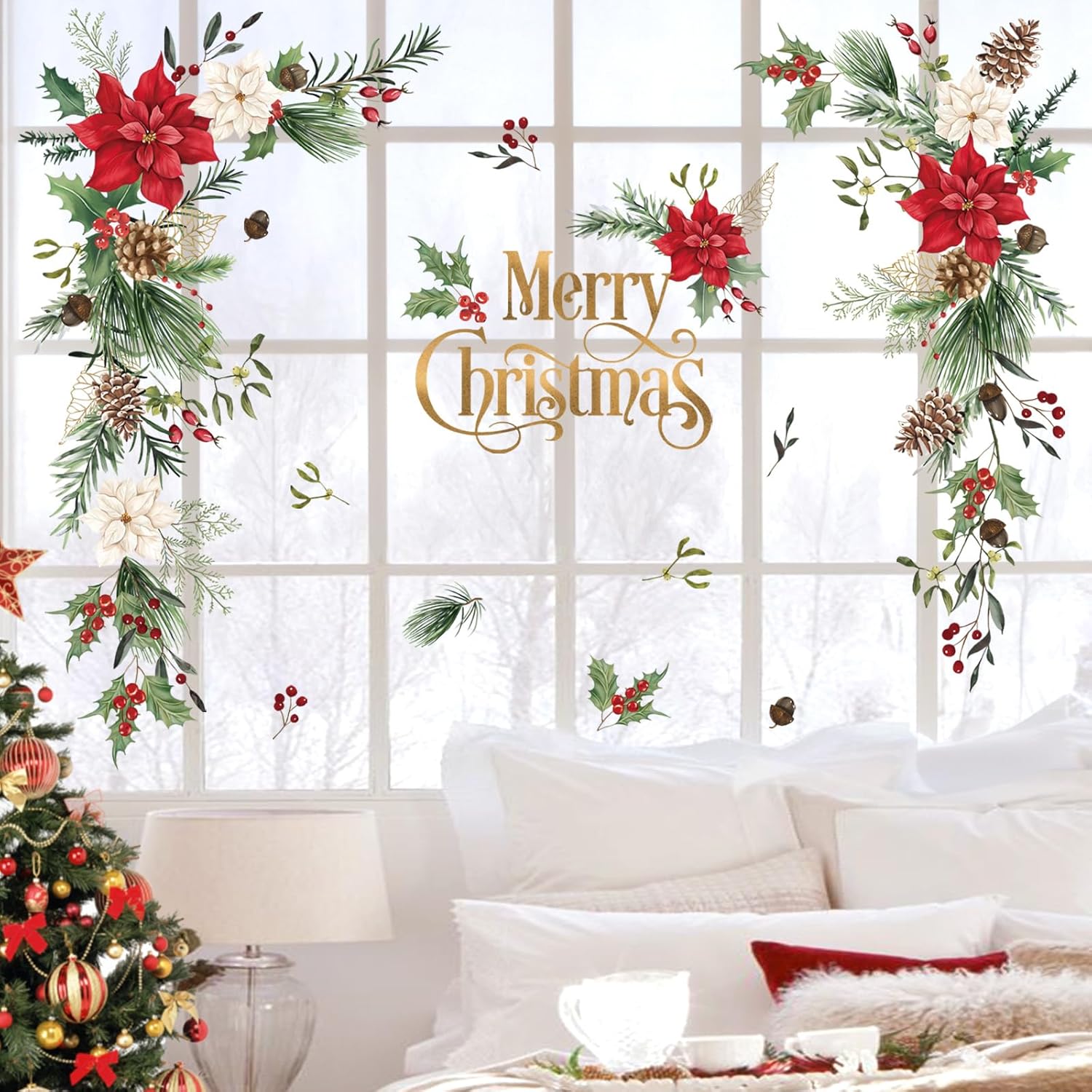 Christmas Flower Wall Stickers - Leaves And Floral Window Wall Art Decals For Xmas Party, Living Room