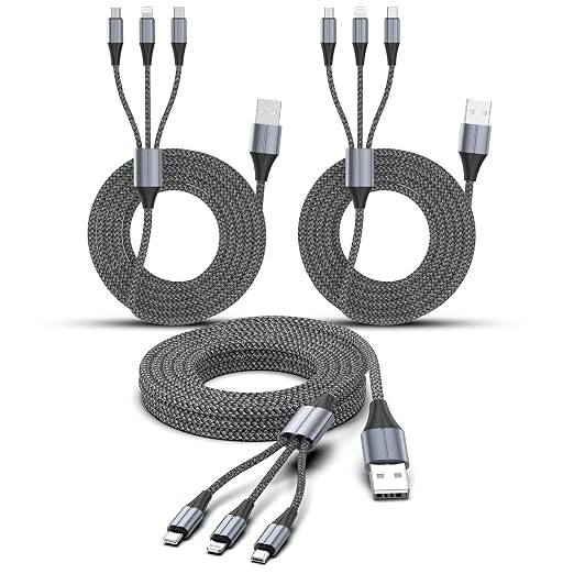 3 Pack 6FT 3 in 1 Multi Charging Cable USB C Lightning Micro USB Cord