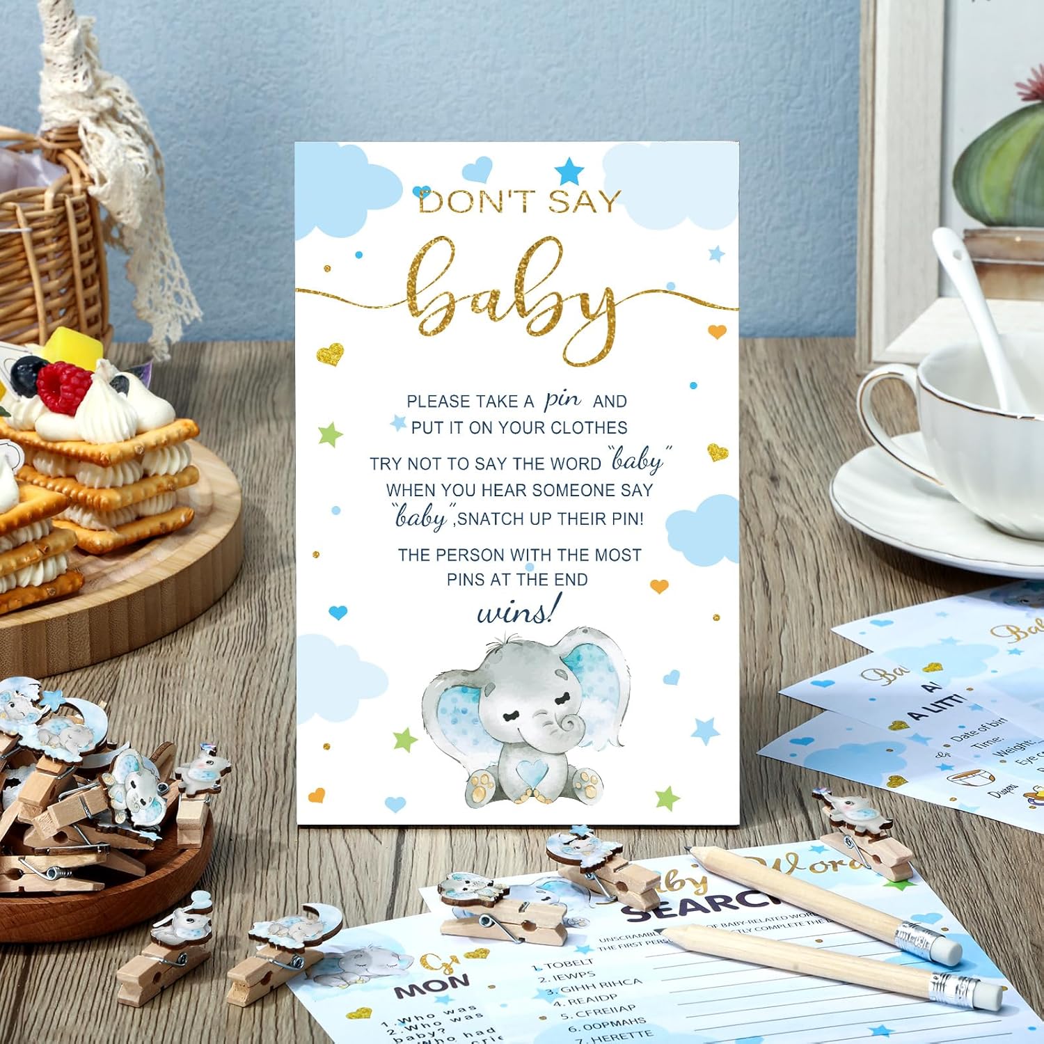 321 Pcs Blue Elephant Themed Baby Shower Game Supplies For Boy 5 Set Include 50 Activity Cards 20 Pencils 1 Don'T Say Baby Sign 50 Clothespins For Price Is Right Prediction Bingo Game Party