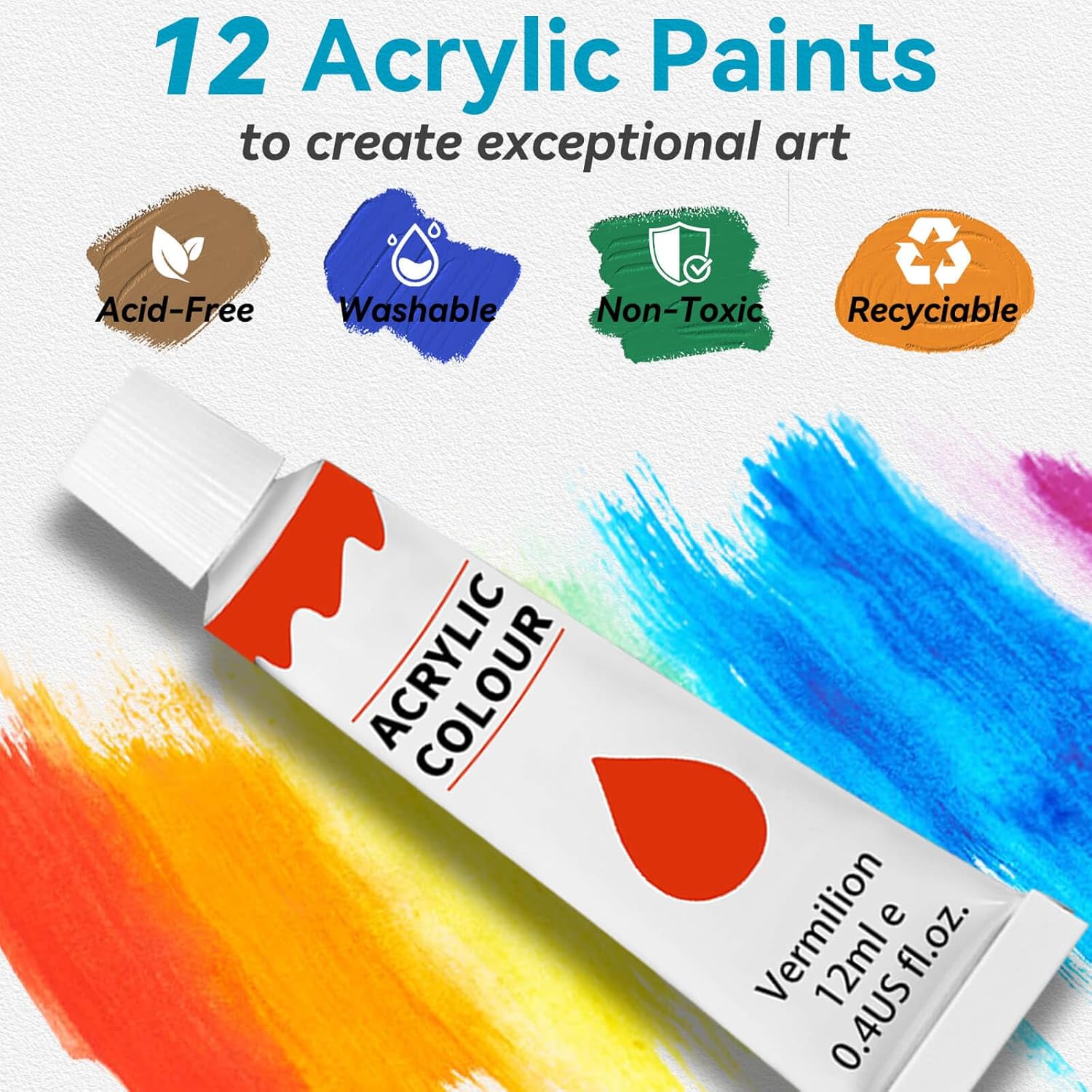 Complete Acrylic Painting Set For Beginners & Kids,12 Vibrant Colors (12Ml,0.4Oz),5 Brushes,1 Palette,All-In-One Art Supplies Kit For Learning,Crafts & Fun