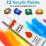 Complete Acrylic Painting Set For Beginners & Kids,12 Vibrant Colors (12Ml,0.4Oz),5 Brushes,1 Palette,All-In-One Art Supplies Kit For Learning,Crafts & Fun