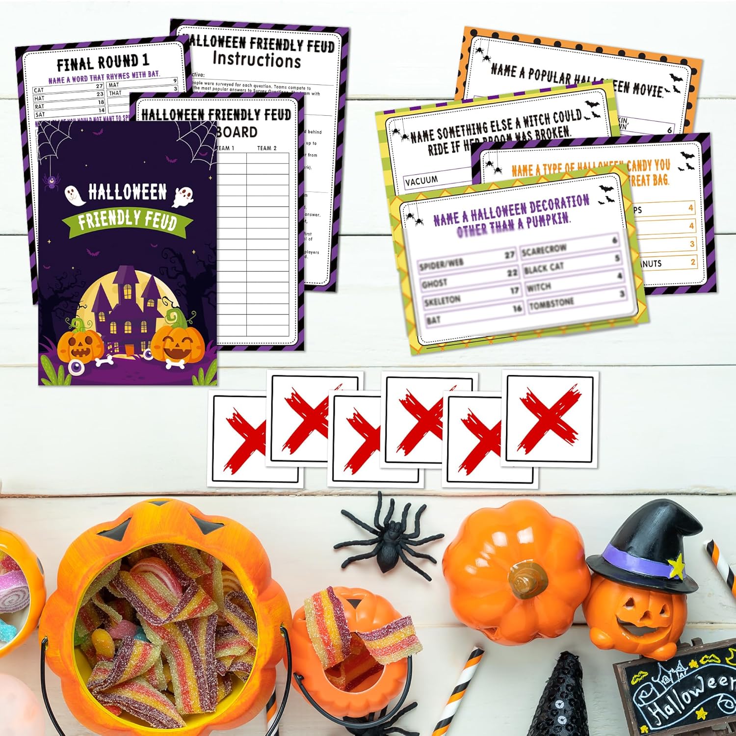 Halloween Friendly Feud Quiz Game For Family, Family Game Night For Adults, Evil Pumpkin Themed Games Cards For Large Groups, Halloween Party Decorations Supplies Favors -01